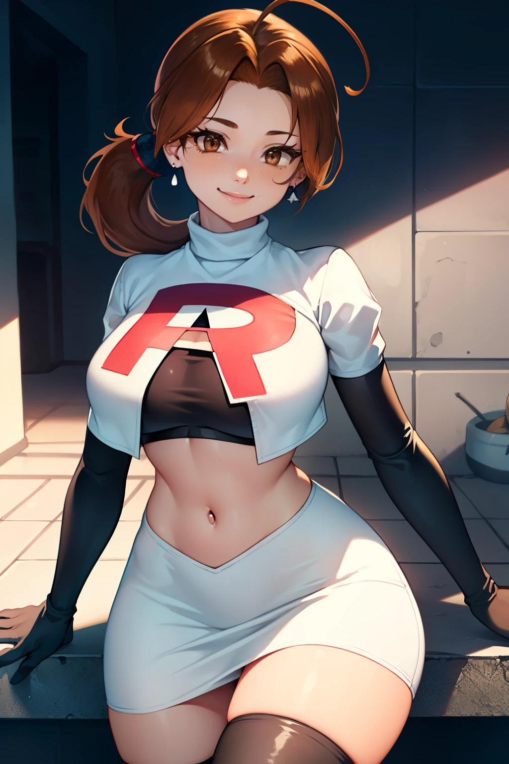 deliaketchum, brown hair, (brown eyes:1.7), parted bangs, (ahoge:1.5), ponytail, low ponytail,glossy lips, light makeup, eye shadow, earrings ,team rocket,team rocket uniform, red letter R, white skirt,white crop top,black thigh-high boots, black elbow gloves, evil smile look,