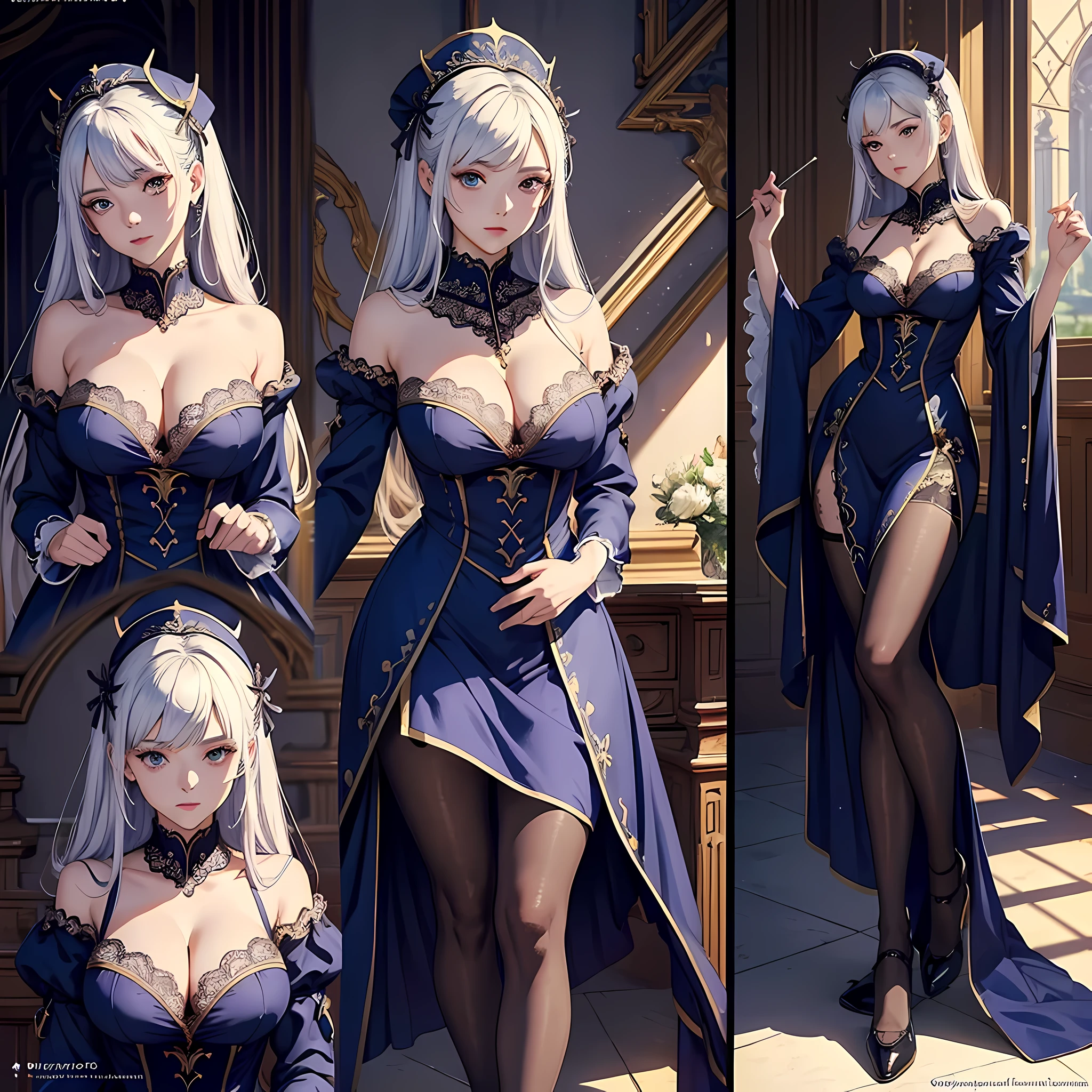 ((tmasterpiece, Best quality at best)), 详细的脸, character design sheet， Full body lesbian, be full of details, multiple postures and expressions, The is very detailed, Depth-of-fie, many beautiful priest girlantasy style，Extremely beautiful，high balance, natural soft light, Lace，Lace软管，starrysky，Star decoration