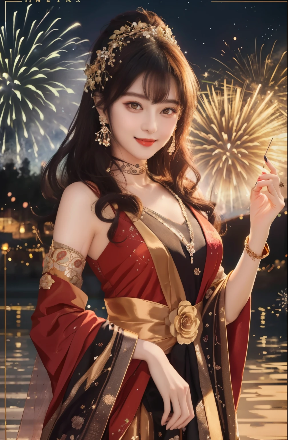Best Quality, Masterpiece, Ultra HD, Ultra High Resolution, Ultra High Resolution, 16K Full HD New Year Poster, New Year Theme, 1 girl with saffron hair ornaments, earrings, red lips, beautiful face with delicate makeup, the girl even more beautiful, the girl is wearing a gorgeous costume with delicate and beautiful patterns on the costume, and colorful fireworks are blooming behind the girl, and the girl is looking at the camera with a happy smile.