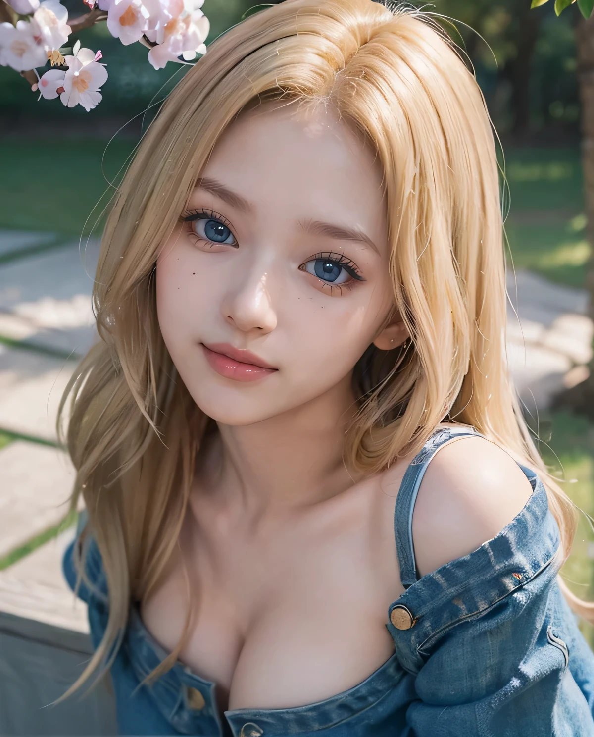 1girl, (ojos azules), (They are smiling :1.2), (En nombre de Minaj), caderas anchas, tetas grandes, (grande), (La mejor calidad, 8k, Obra maestra: 1.3), Manos perfectas, Enfoque claro: 1.2, Belleza corporal perfecta: 1.4, abdominales delgados: 1.2, Highly Detailed Face and Skin Texture, ojos detallados, 双眼皮, labios rojos, (Primer plano en la cara :1.3), (Cabello largo rubio :1.2), (Camiseta ajustada al cuerpo con escote), vaqueros, En pie, in a traditional japanese park, Sakura trees in the background