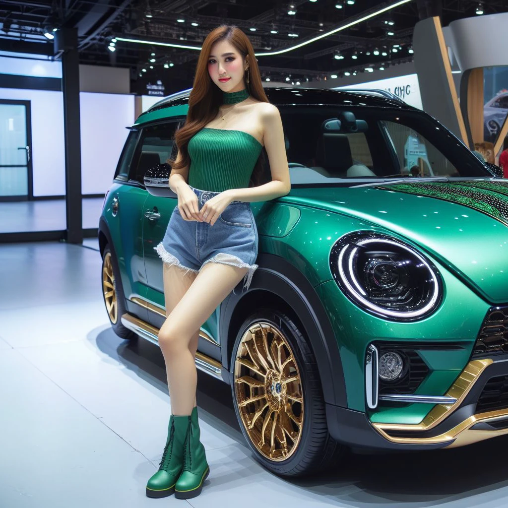 A futuristic family car with neon trim, 4 doors, tinted windows, a sexy Asian woman (25, model, gorgeous, curvy, mini outfit) posing next to it, glamour photo, highly detailed, photorealistic, 8k, studio lighting, professional, vivid colors, bokeh