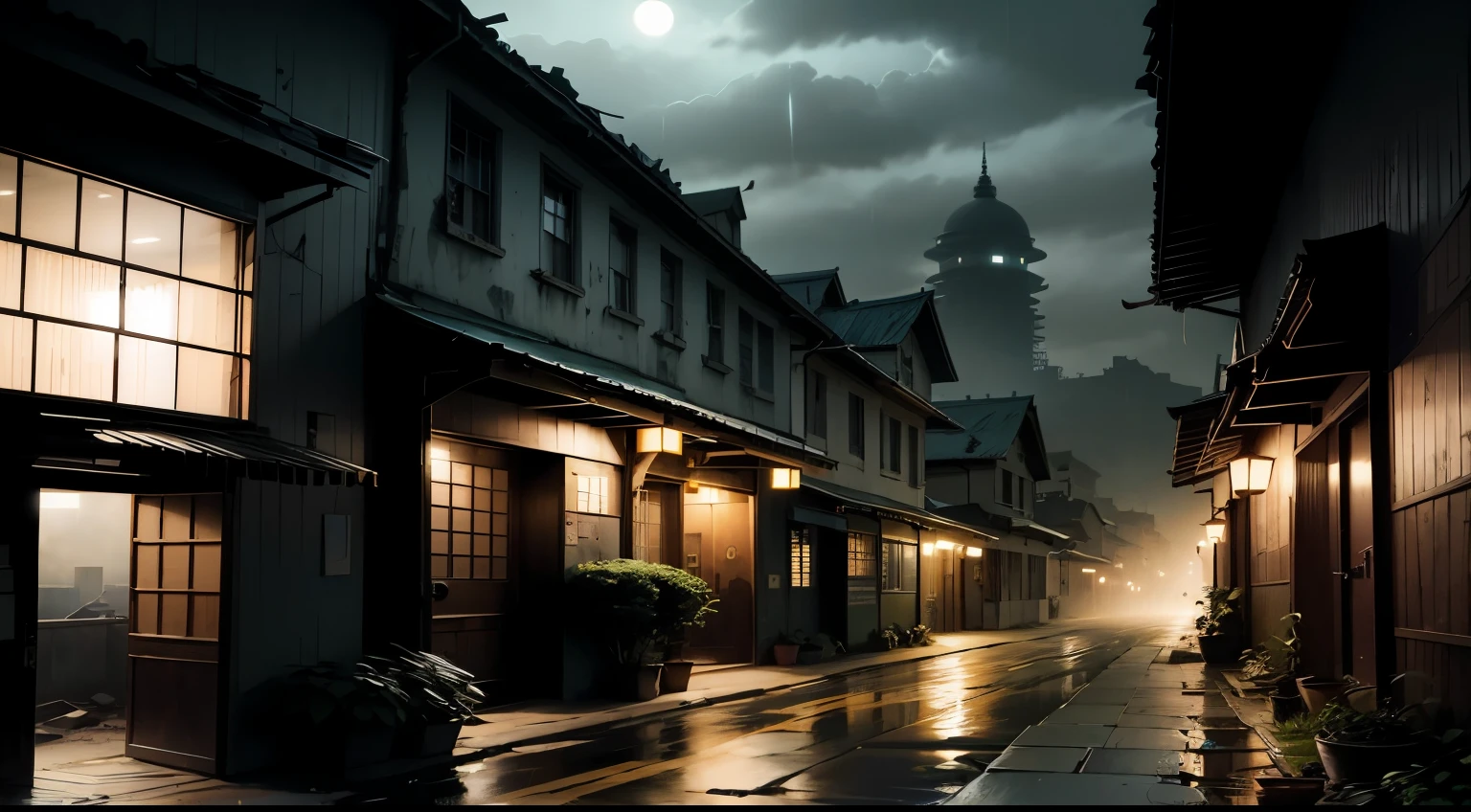 (armagedom),Dilapidated city,Japanese-style architecture,Plantas escalando por todas as paredes ,Noite,chovendo muito,Pano preto,nevoeiro denso),Dilapidated streets,Beco mal iluminado,(Gloomy Illumination),relic,(Dilapidated buildings),(Cidade desabitada),atmosfera assustadora
