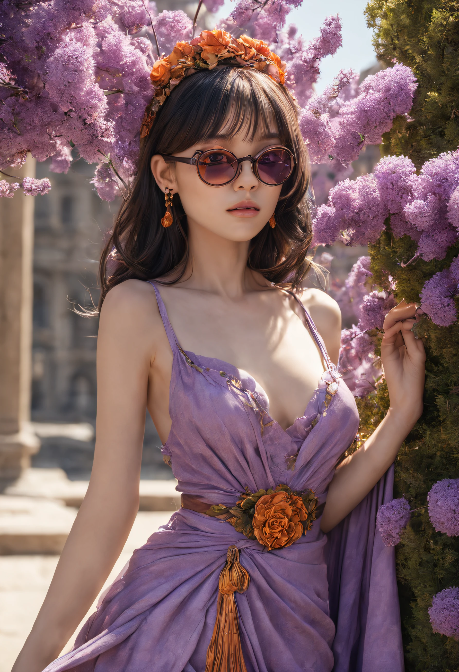 Best quality)), ((Masterpiece)), (Detailed), visage par((Best quality)), ((Masterpiece)), (Detailed) 4K quality, ((Rouge-gorge)) en fille one piece, (cheveux noir), , , fleur de cerisier, porte lunette de soleil, porte longue robe mauve, manche longue,lunette de soleil orange sur la tête, robe fleur violette, hieroglyph derièrre elle, pyramide dérièrre elle.