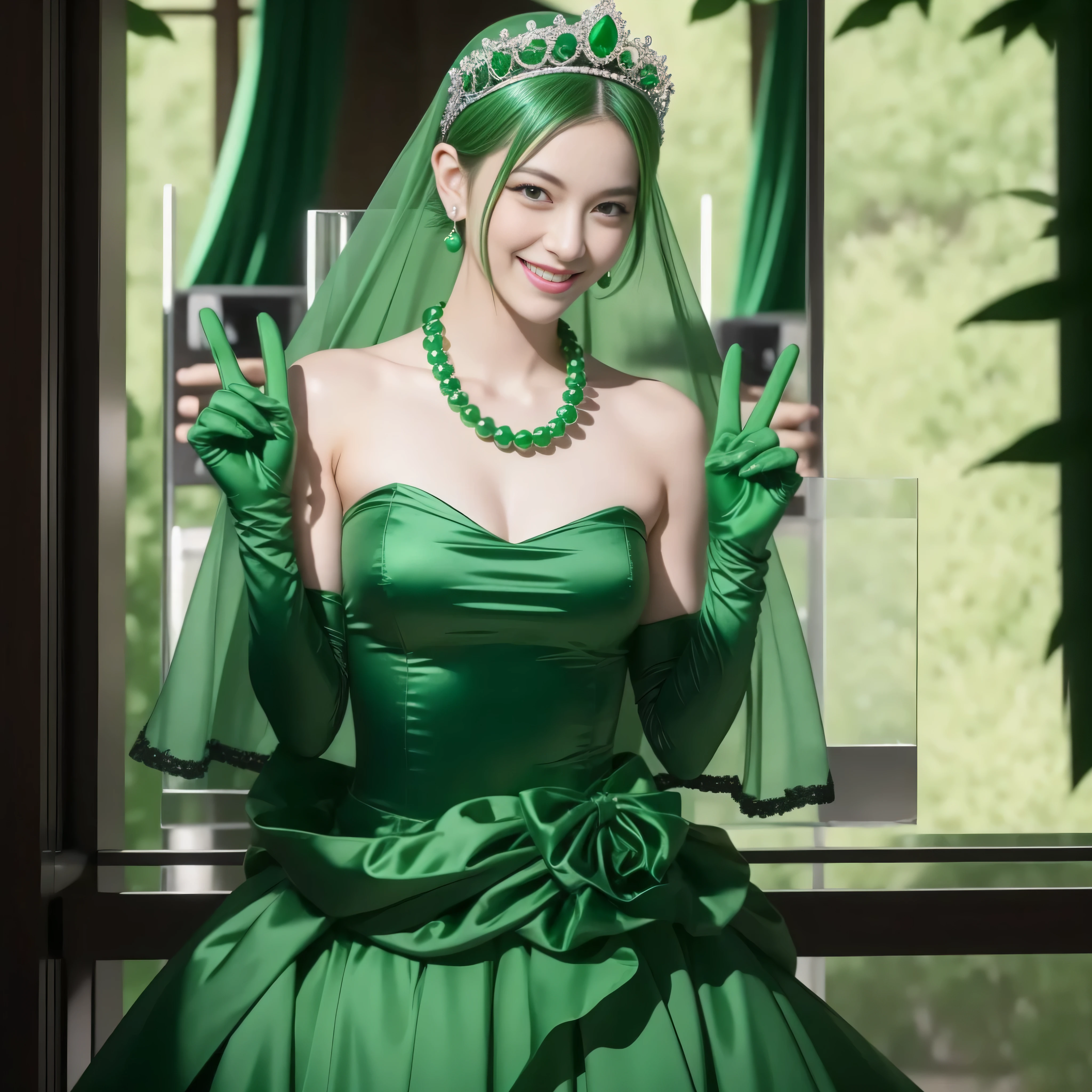 emerald tiara, Green Pearl Necklace, Boyish very short green hair, lipsticks, Japan woman smiling, very short short hair, big breasts beautiful, Green eyes, Long green gloves made of satin material, Green eyes, Emerald Earrings, green vale, v sign