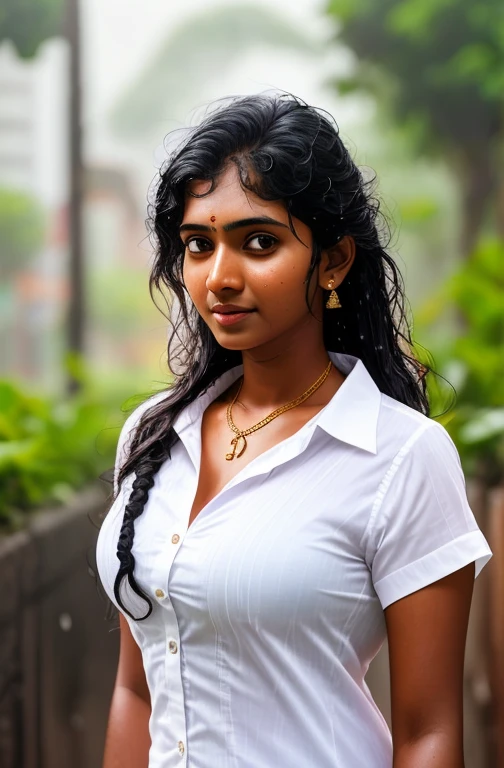 20 years old extremely beautiful brown Tamil girl (white shirt blue jeans), (bangles earrings necklace wrist watch), enjoying in the rain, drenched in rain, facing viewers facing camera, eyes symmetry, (best quality, ultra-detailed:1.6), colorful scene, bright color palette, playful atmosphere, vibrant colors, cute expressions, joyful laughter, raindrop reflections, wet hair, wet clothes, wet body, body reflecting light, back lit, refreshing ambiance, happy face, splashing water, raindrops falling around her, natural lighting, candid moments captured, lively mood, (intricate detailing:1.6 faces & eyes & ears & nose & lips & skin & curves & body parts)