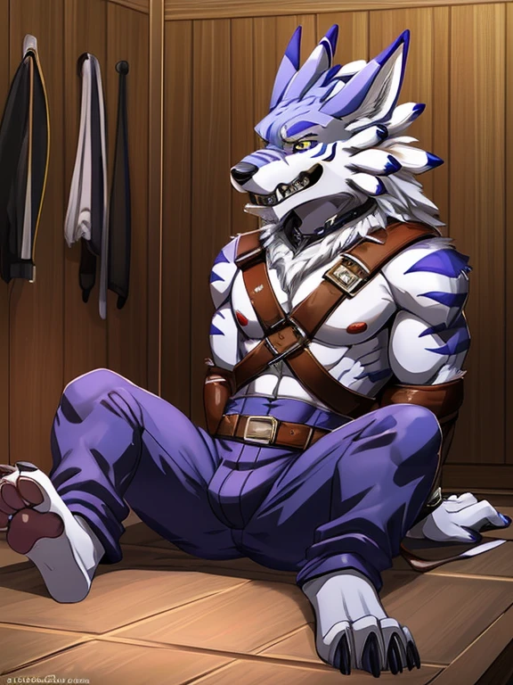 Barefoot hypnotised WereGarurumon, gag in the mouth, looking up, trapped in a black straitjacket, sitting imprisoned in a padded asylum cell, wearing long hospital pants, legs stretched out in front of him, visible detailed paws.