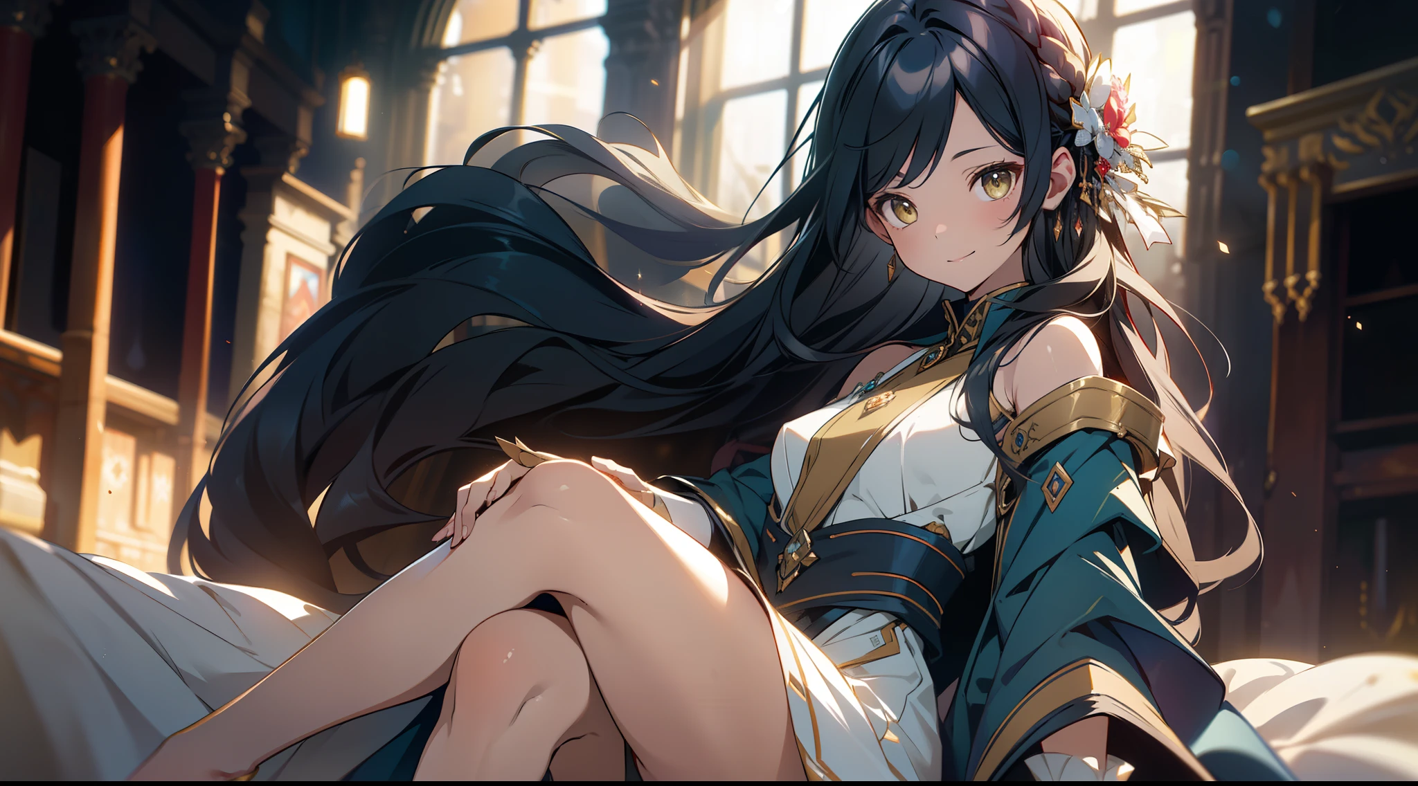 an alone mature girl with long blue and yellow eyes sitting on the bed and spread leg , night, High detail mature face, tie hair on the left side, golden eyes, bare leg, bare shoulder, white noble priest dress, high res, ultra sharp, 8k, masterpiece, smiling, fantasy world, magical radiance background ((Best quality)), ((masterpiece)), 3D, HDR (High Dynamic Range),Ray Tracing, NVIDIA RTX, Super-Resolution, Unreal 5,Subsurface scattering, PBR Texturing, Post-processing, Anisotropic Filtering, Depth-of-field, Maximum clarity and sharpness, Multi-layered textures, Albedo and Specular maps, Surface shading, Accurate simulation of light-material interaction, Perfect proportions, Octane Render, Two-tone lighting, Wide aperture, Low ISO, White balance, Rule of thirds,8K RAW, Aura, masterpiece, best quality, Mysterious expression, magical effects like sparkles or energy, flowing robes or enchanting attire, mechanic creatures or mystical background, rim lighting, side lighting, cinematic light, ultra high res, 8k uhd, film grain, best shadow, delicate, RAW, light particles, detailed skin texture, detailed cloth texture, beautiful face,
(masterpiece), best quality, expressive eyes, perfect face,