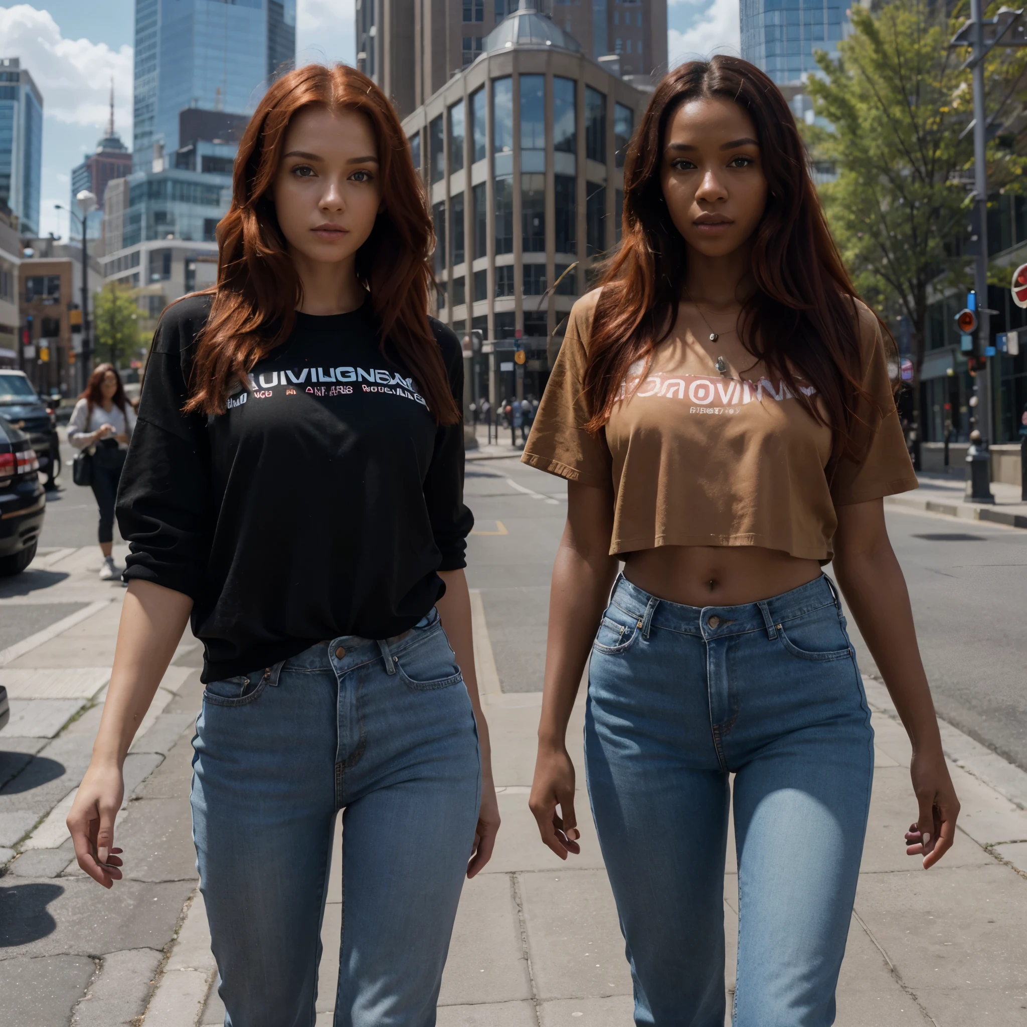 8k, RAW photo, best quality, ultra high resolution, photorealistic, realistic photo of european redhead woman and african brunette woman standing together, (caucasian red head woman with short bright red hair), (skinny ebony woman with long black hair), in downtown toronto, toronto, (cn tower), wearing jeans, jeans, wearing lapel, lapel, (extremely detailed CG unity 8k wallpaper), 8k uhd, dslr, bright lighting, high quality, film grain, Fujifilm XT3 sharp focus, f 5.6, High Detail, Sharp focus, (natural bright light)