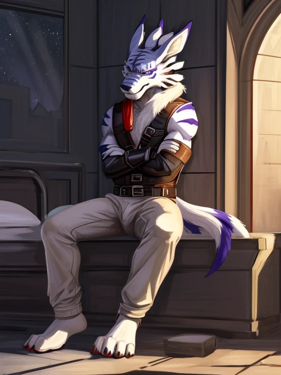 Barefoot hypnotised WereGarurumon, gag in the mouth, looking up, trapped in a black straitjacket, sitting imprisoned in a padded asylum cell, wearing long hospital pants, legs stretched out in front of him, visible detailed paws.