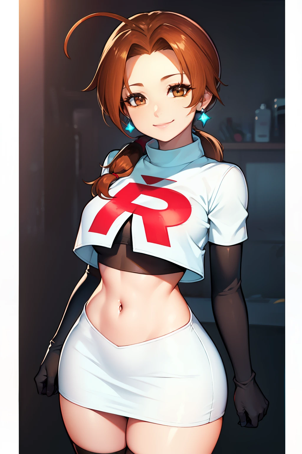 deliaketchum, brown hair, (brown eyes:1.7), parted bangs, (ahoge:1.5), ponytail, low ponytail,glossy lips, light makeup, eye shadow, earrings ,team rocket,team rocket uniform, red letter R, white skirt,white crop top,black thigh-high boots, black elbow gloves, evil smile look,