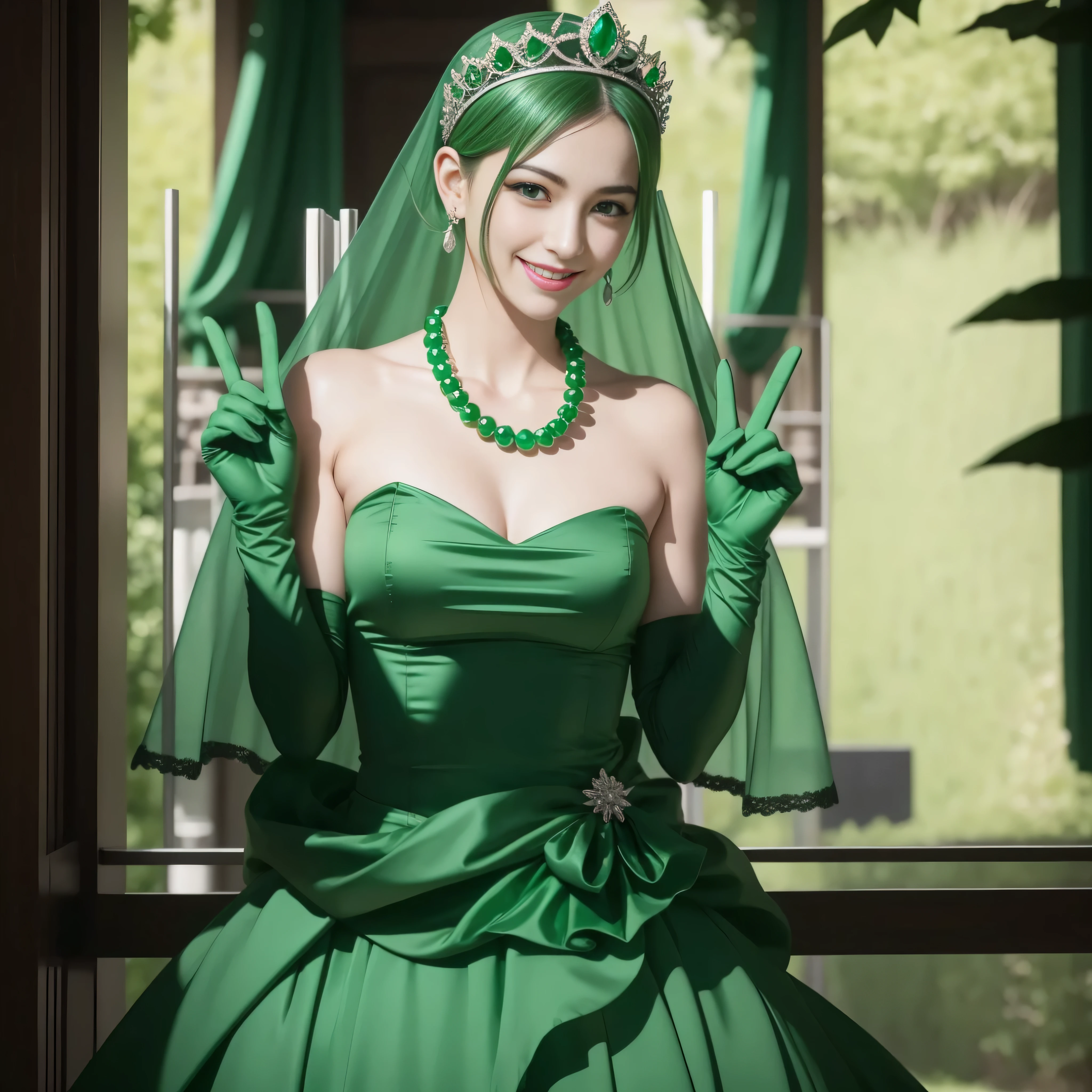 emerald tiara, Green Pearl Necklace, Boyish very short green hair, lipsticks, Japan woman smiling, very short short hair, big breasts beautiful, Green eyes, Long green gloves made of satin material, Green eyes, Emerald Earrings, green vale, v sign