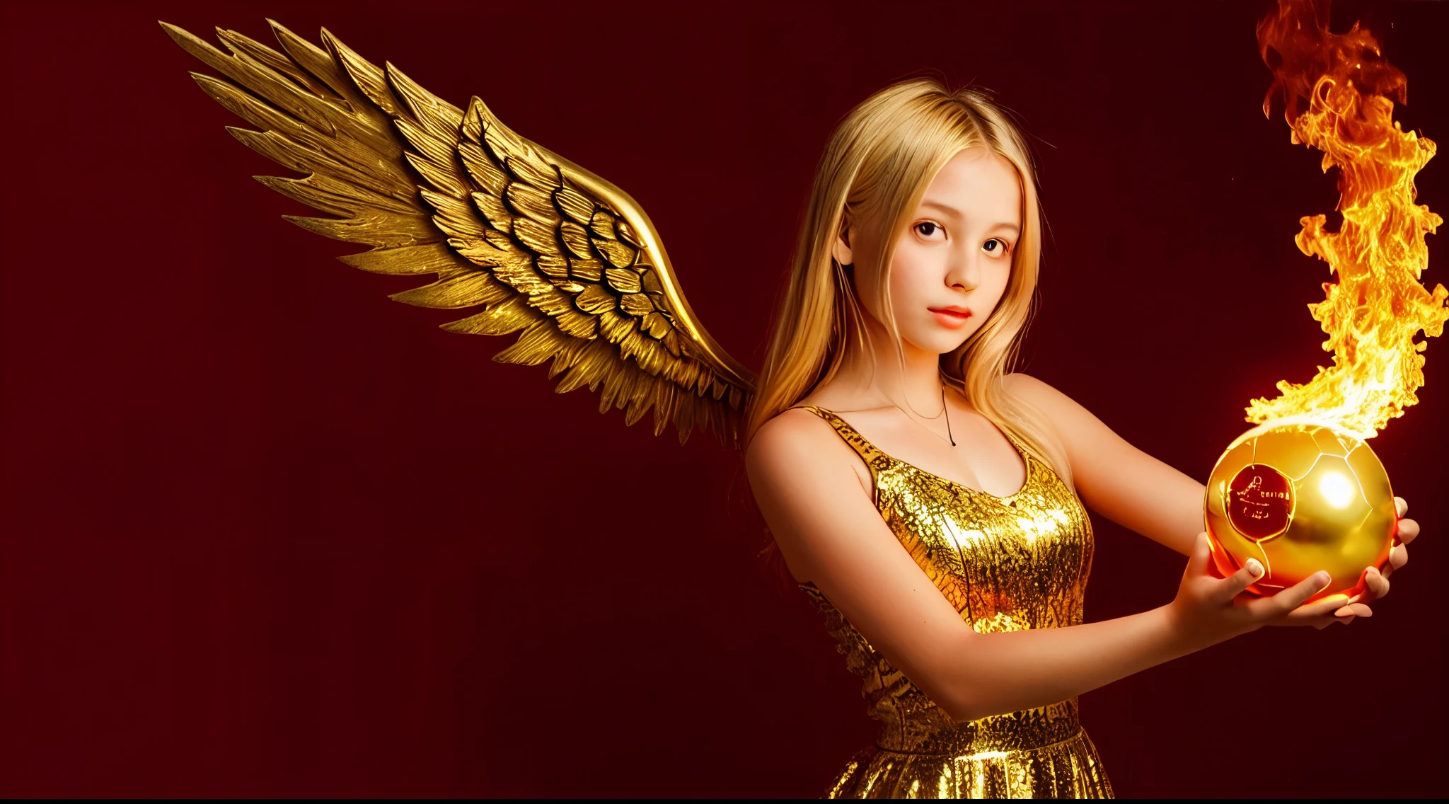 BLONDE KIDS GOLDEN ANGEL GIRL with a flaming crystal ball in her hand. Red background