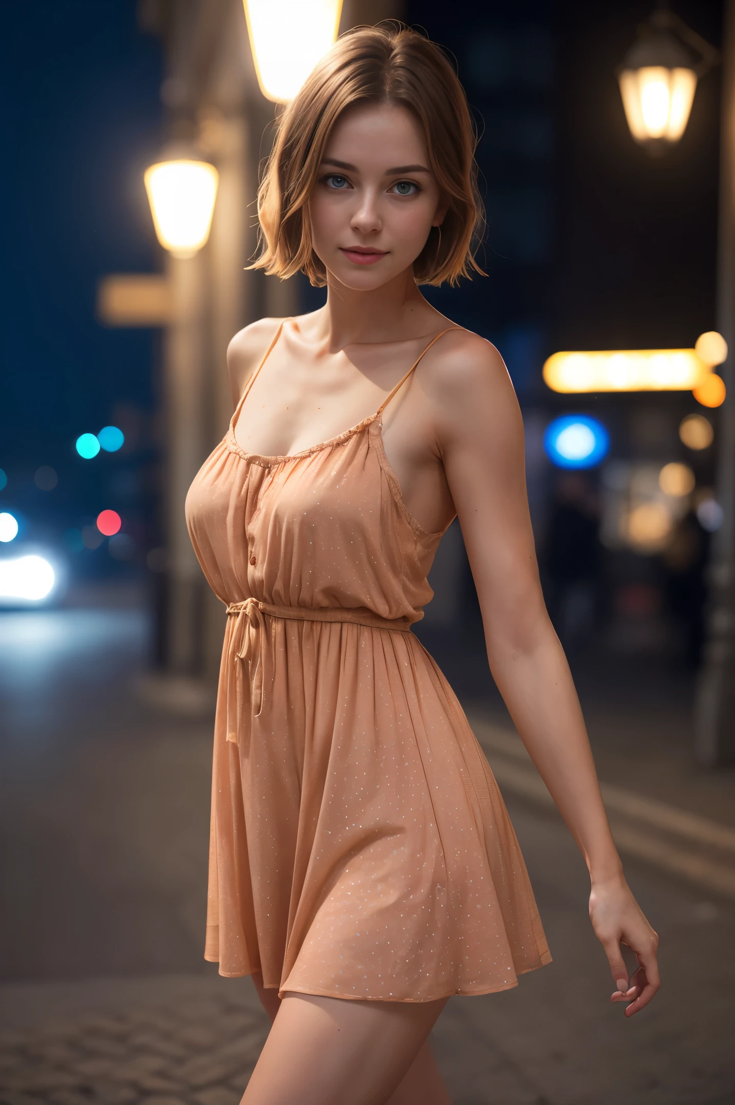 A beautiful introverted European woman wearing a short light plunging dress, legs, high detail face, high detail skin, medium size breasts, 8k, HDR, high resolution, photo-realistic, cinematic lighting, depth of field, bokeh, rim lighting, backlit, cool colours, night