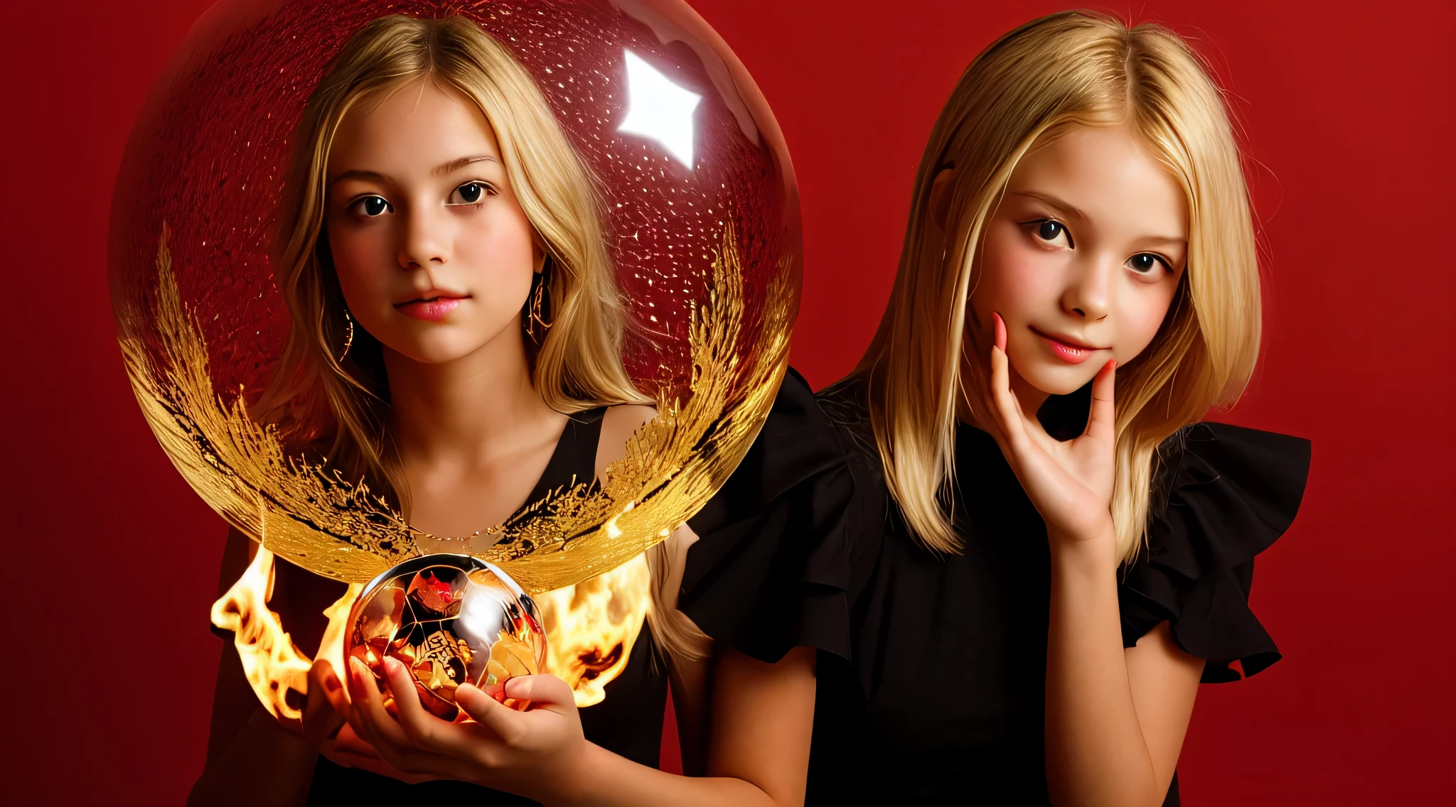 BLONDE KIDS GOLDEN ANGEL GIRL with a flaming crystal ball in her hand. fundo vermelho