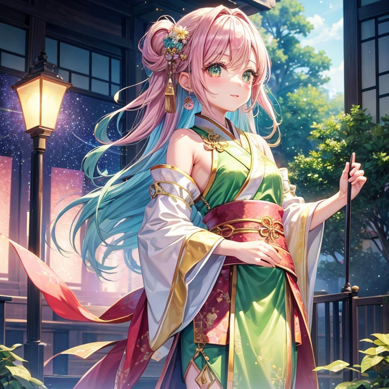、Glitter effect,girl with, Chibi、amber, , medium pastel, luxury fabrics,green dithering, Far-reaching,Looking at Viewer、Hanfu
