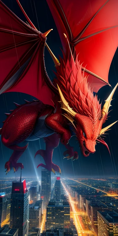 red dragon flying in the sky, it is raining and there is a city below the dragon