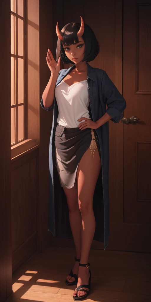 SFW, Female Full body standing straight symmetrical, looking to the viewer, hands on hips, peace sign, A woman,short detailed hair,ember,white backgrounid,Gray tones。Masterpiece, Best quality, 超高分辨率, Beautiful, Visually stunning, elegant, incredibily detailed, Award-winning art, 0n1, Red skin, oni horns, their, Red them, Colored skin, metal sandals