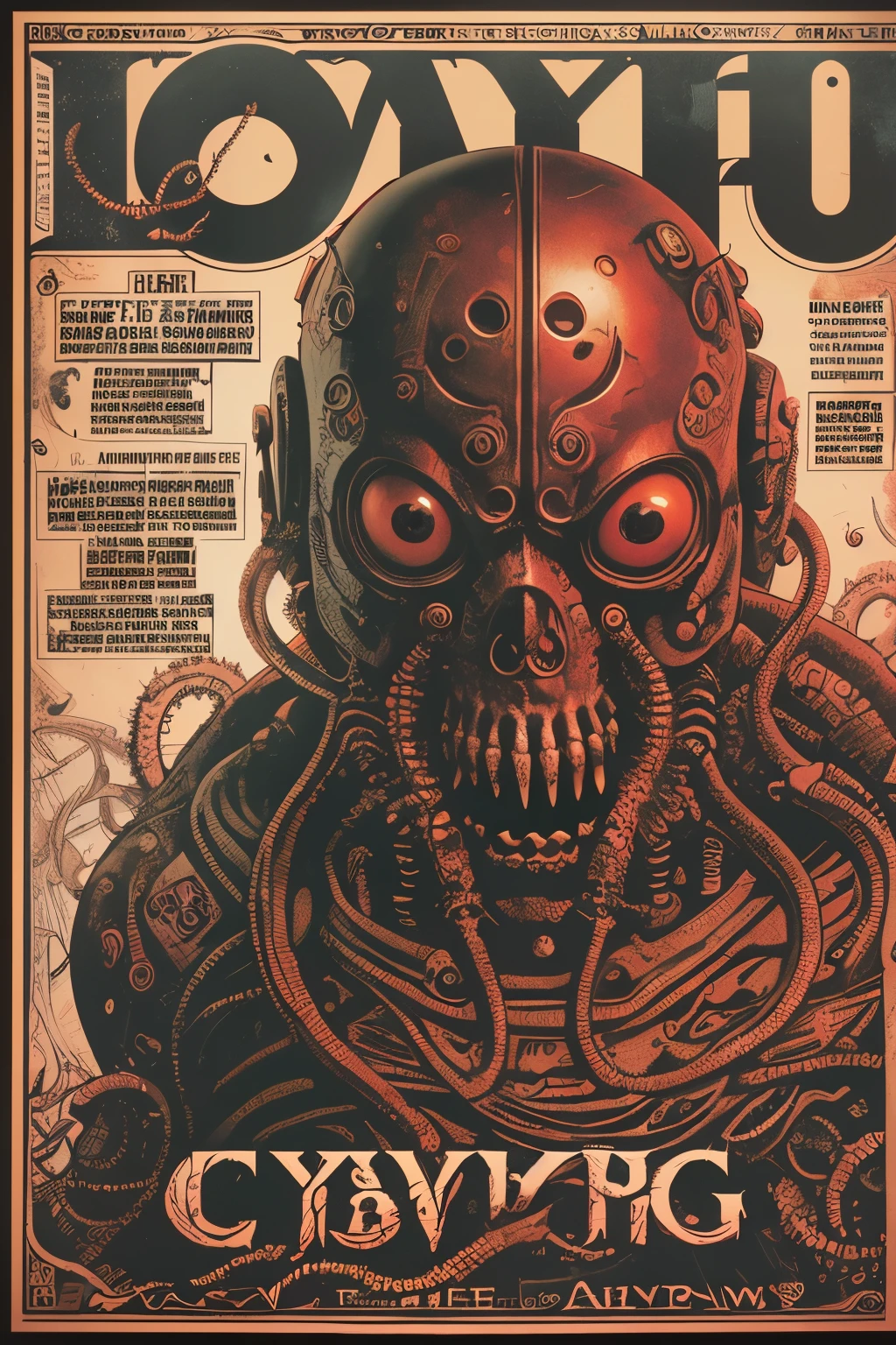 cyborg, magazine cover, poster art , Lovecraftian horror genre,  hint of crimson, bold huge text, matted design layout.