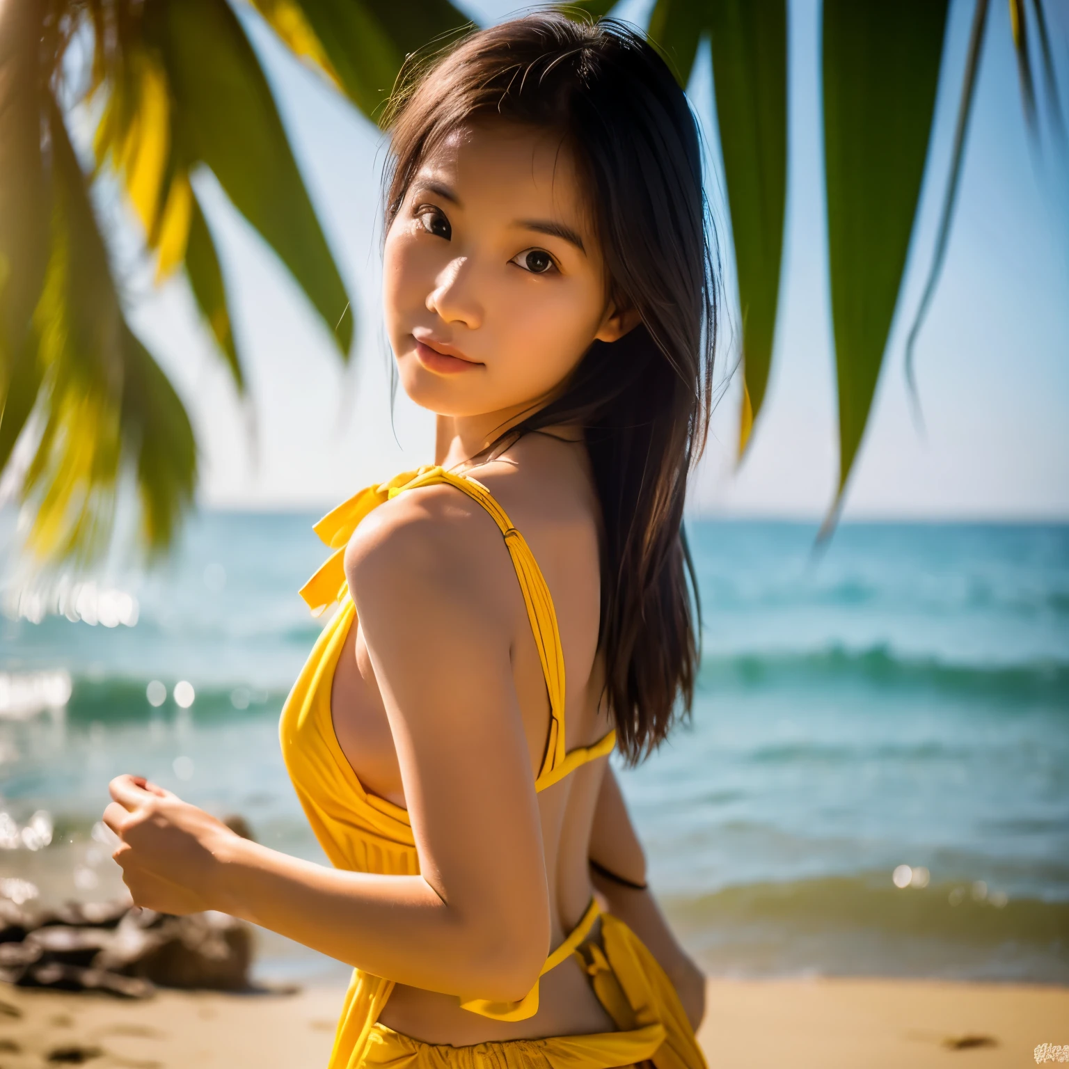 One beautiful woman with a Thai style face, scantily clad. Come walk brightly along the beach at the sea. walk barefoot The morning sunlight hits the body beautifully. The picture is clear and realistic, like a world-class art picture. There's only one