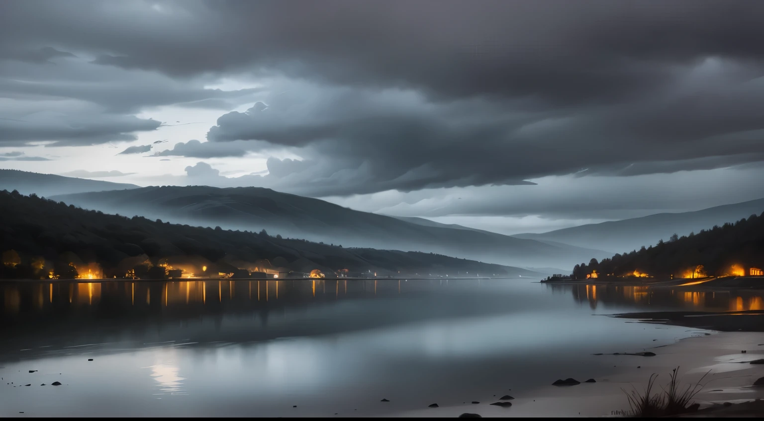 "Dark and moody atmosphere by the lake with small hills, in the midst of torrential rain, sob nuvens escuras."