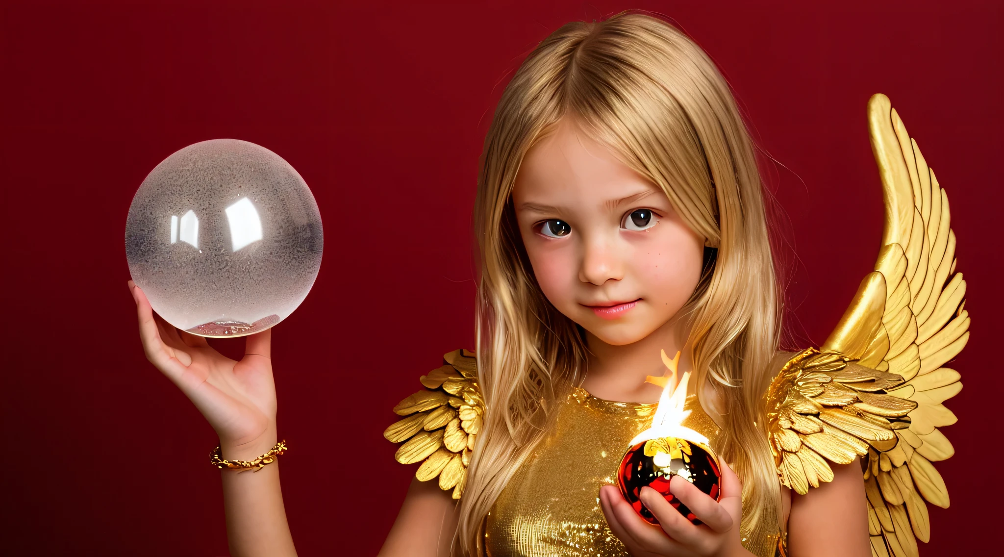 BLONDE KIDS GOLDEN ANGEL GIRL with a flaming crystal ball in her hand. fundo vermelho