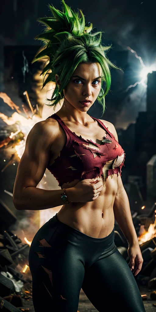 (masterpiece, best quality, ultra-detailed, highres, best illustration), 1girl,cowboy shot of beautiful xyzkefla super saiyan, green hair, green eyes, spiked hair, energy, (torn clothes:1.2), jewelry, aura, leggings, red clothing, detailed, sharp focus, dramatic, cinematic lighting, bodybuilder