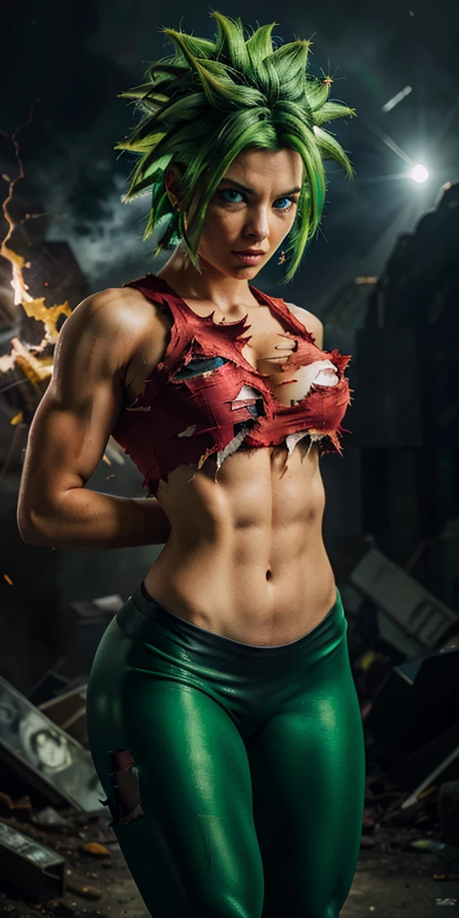 (masterpiece, best quality, ultra-detailed, highres, best illustration), 1girl,cowboy shot of beautiful xyzkefla super saiyan, green hair, green eyes, spiked hair, energy, (torn clothes:1.2), jewelry, aura, leggings, red clothing, detailed, sharp focus, dramatic, cinematic lighting, bodybuilder