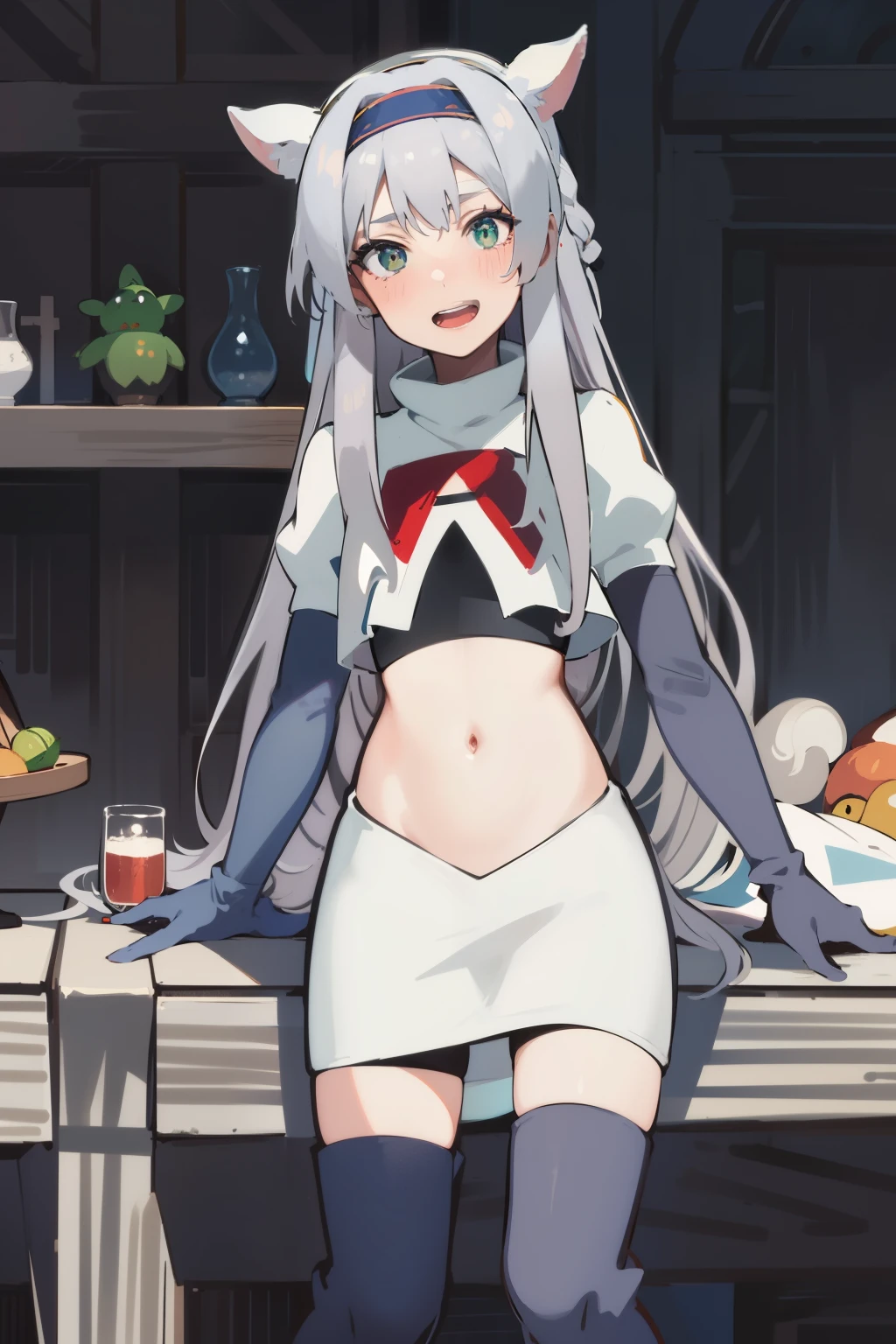 best quality, (masterpiece:1.2), detailed, medieval,
Sistine Fibel,
1girl, solo, open mouth, light smile, blush,
long hair, grey hair, green eyes, blue hairband, animal ears,
team rocket,team rocket uniform,white skirt,crop top,red letter R,black thigh-high boots,black elbow gloves,
