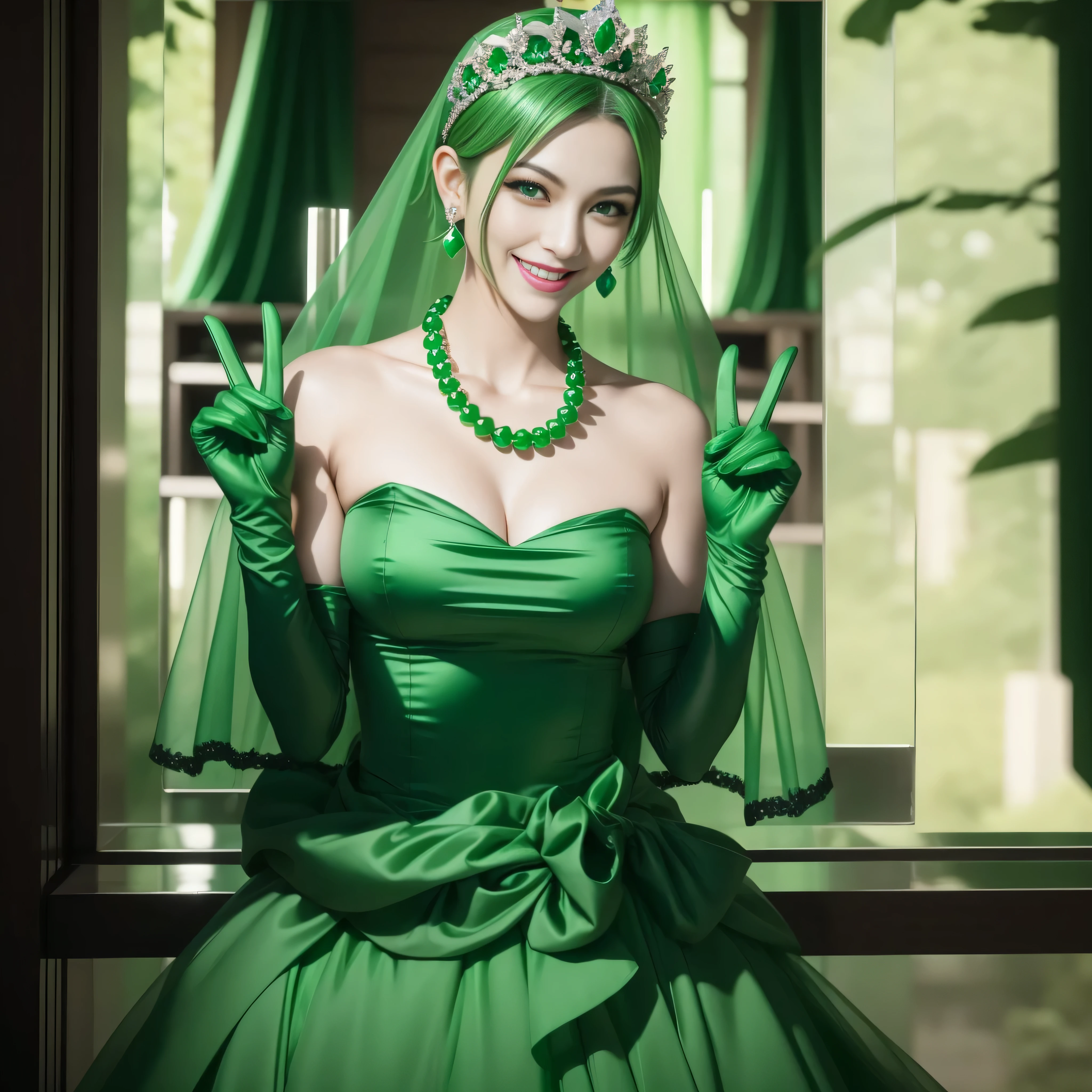emerald tiara, Green Pearl Necklace, Boyish very short green hair, lipsticks, Japan woman smiling, very short short hair, big breasts beautiful, Green eyes, Long green gloves made of satin material, Green eyes, Emerald Earrings, green vale, v sign