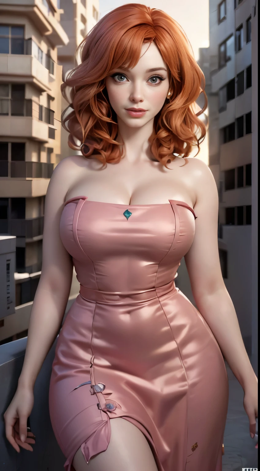 photo of christina hendricks, RAW, beautiful woman, ((portrait)), ((detailed face:1.2)), ((detailed facial feature, detailed skin, clear skin), (perfect proportioned body), (wearing a colorful strapless dress) (high detailed city environment, apartment balcony), (realistic photo, best quality, detailed), (8k wallpaper), (cinematic lighting, dramatic lighting) (sharp focus, intricate)