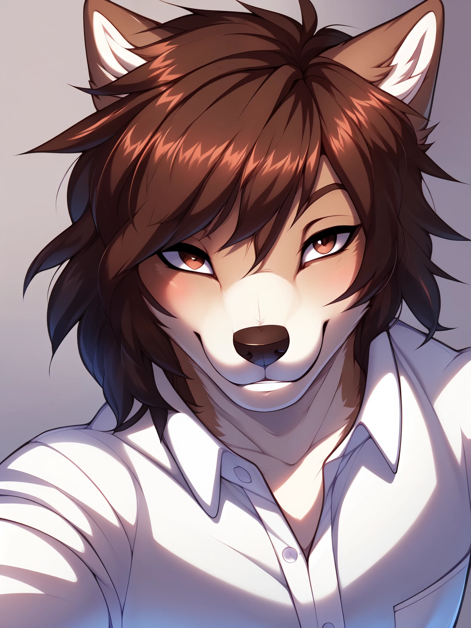 Solo:1.3, Jaiden, cute brown wolf male, feminine, cute snout, detailed brown eyes, white sclera, wearing white button up shirt, by hyattlen, by braeburned, by fumiko, by hioshiru, grinning, high resolution, close up, portrait, taking a selfie, selfie shot, high angle shot, from above, three quarters angle,