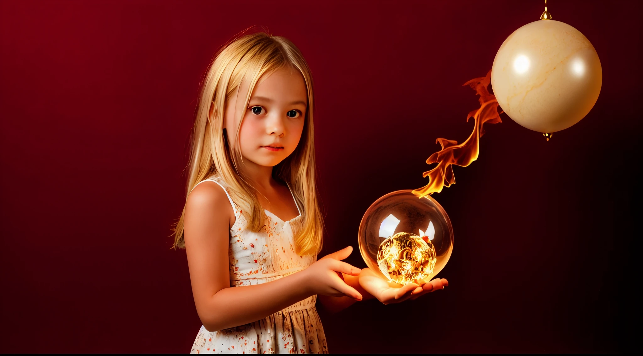 BLONDE KIDS GOLDEN ANGEL GIRL with a flaming crystal ball in her hand. Red background