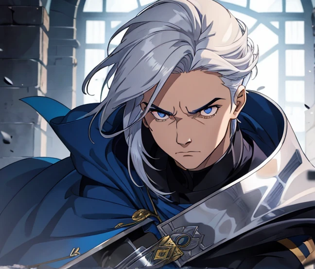 Male, guard, silver hair, silver eyes, (hair covers left eye), blue cloak, serious facial expression, wields a sword.