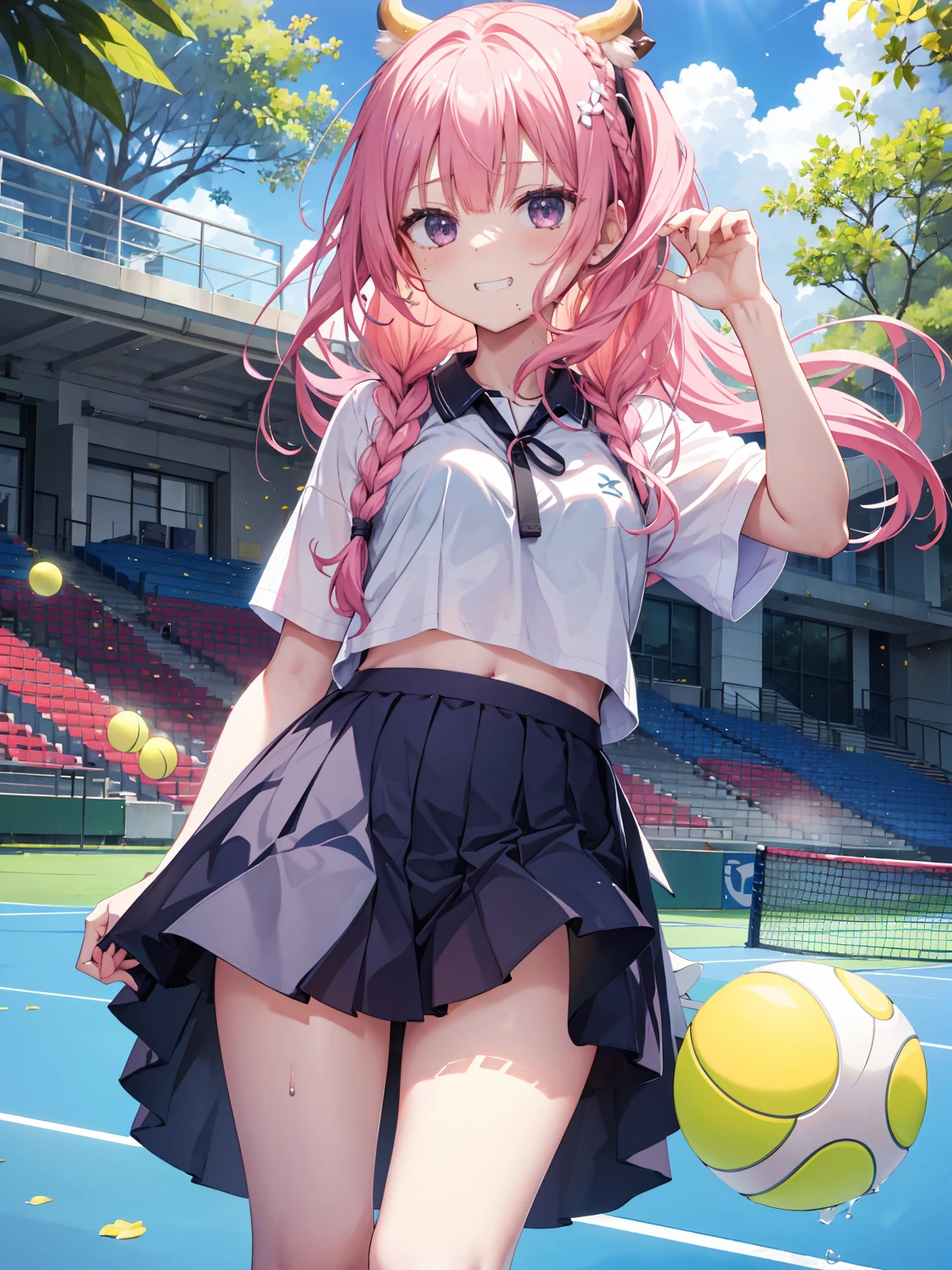 absurdres, highres, BREAK looking at viewer, full body, (from below:1.5) BREAK (vivid-color:1.3) BREAK (one girl:1.3), (:1.2),red hair, blue eyes, tennis uniform, hairclip, earrings, jewelry, nm1, hair ribbon, short hair, tennis cosplay, (pleated super short skirt:1.4), (thighs:1.3), large breasts, (grin, great laughter:1.3), open mouth, (folding one's arms:1.3), (breast:1.3), round eyes, (blowing in the wind:0.5), sweat around girl, dripping sweat, (((Very pretty panties))), (sit on a bench:1.3), (bare feet:1.3), (foot focas:1.2),(two feet:1.3), crossed legs, looking down,looking at viewer, perfect foot,(emphasis on the soles of the feet1.3), from below ceiling, breath, pov, (shiny skin:1.1), squall (wind:1.2), sense of speed, refreshing breeze, motion blur effect, wind BREAK background is (tennis court:1.3), (Stand in the center of the screen:1.3), (10,000 people spectators:1.3), multiple people behind you, blue sky with clouds, outdooragnificent panorama view:1.2), wind BREAK sunlight, magnificent view, rainbow in the sky, light particles, dynamic angle, dutch angle, perspective BREAK (daytime, sunbeam:1.2), depth of field, bokeh, light leaks, (chromatic aberration:1.2), noon BREAK