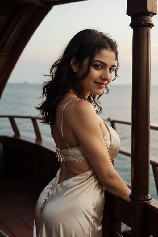 night scene from side view, extreme close up photo of young muscular man grabbing vedhika from behind who is wearing a satin full length lace border bridal nighty, big cheeks, woman is wearing satin nighty man is shirtless, hourglass figure, deep cleavage, romancing each other in a ship deck in sea, showing armpits, red lips, necklace, sultry, look at viewer and smile, (cinematic:1.3), intricate details, (ArtStation:1.2)