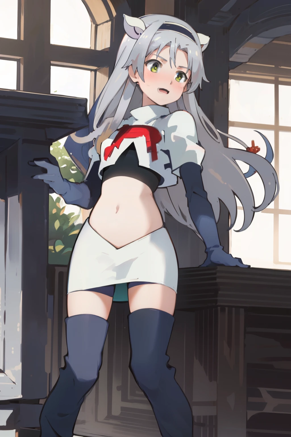 best quality, (masterpiece:1.2), detailed, medieval,
Sistine Fibel,
1girl, solo, open mouth, light smile, blush,
long hair, grey hair, green eyes, blue hairband, animal ears,
team rocket,team rocket uniform,white skirt,crop top,red letter R,black thigh-high boots,black elbow gloves,
