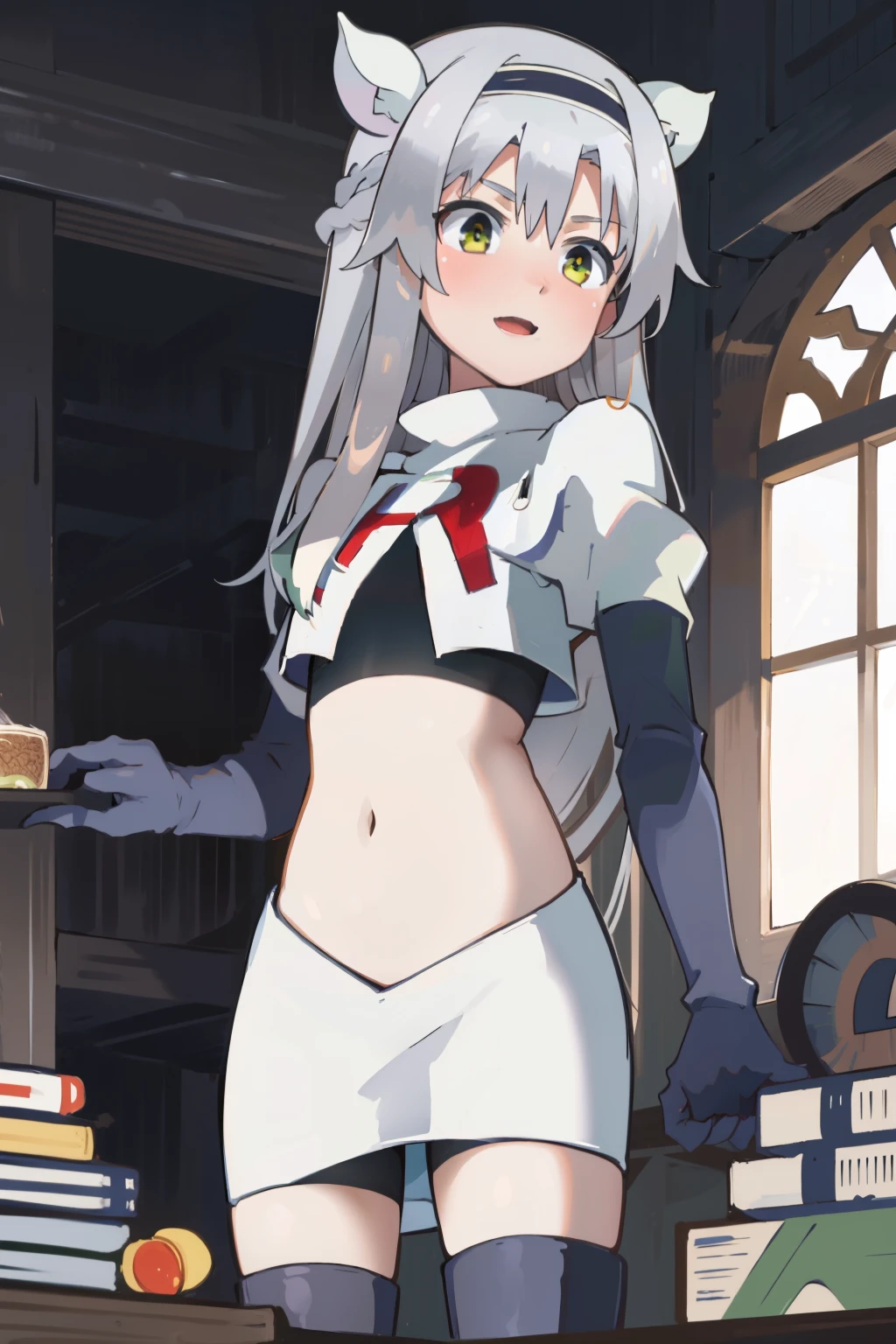 best quality, (masterpiece:1.2), detailed, medieval,
Sistine Fibel,
1girl, solo, open mouth, light smile, blush,
long hair, grey hair, green eyes, blue hairband, animal ears,
team rocket,team rocket uniform,white skirt,crop top,red letter R,black thigh-high boots,black elbow gloves,