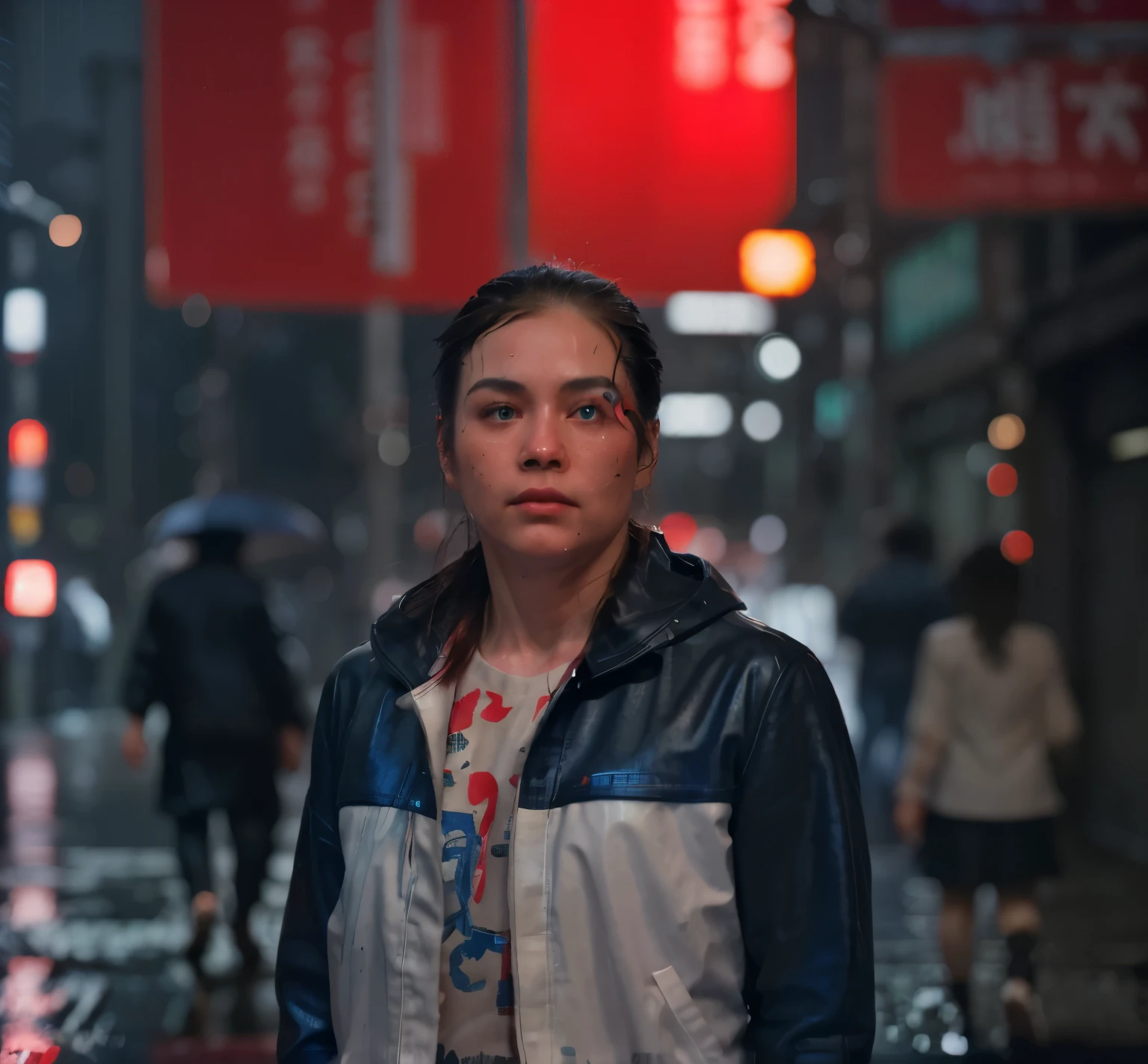 background: Tokyo street at night time while its raining with red and blue lights at night while people walking in the background, highly detailed face, highly detailed eyes, a lot of people walking in the background, night time photography, red and blue light in the background, medium length hair, black leather jacket