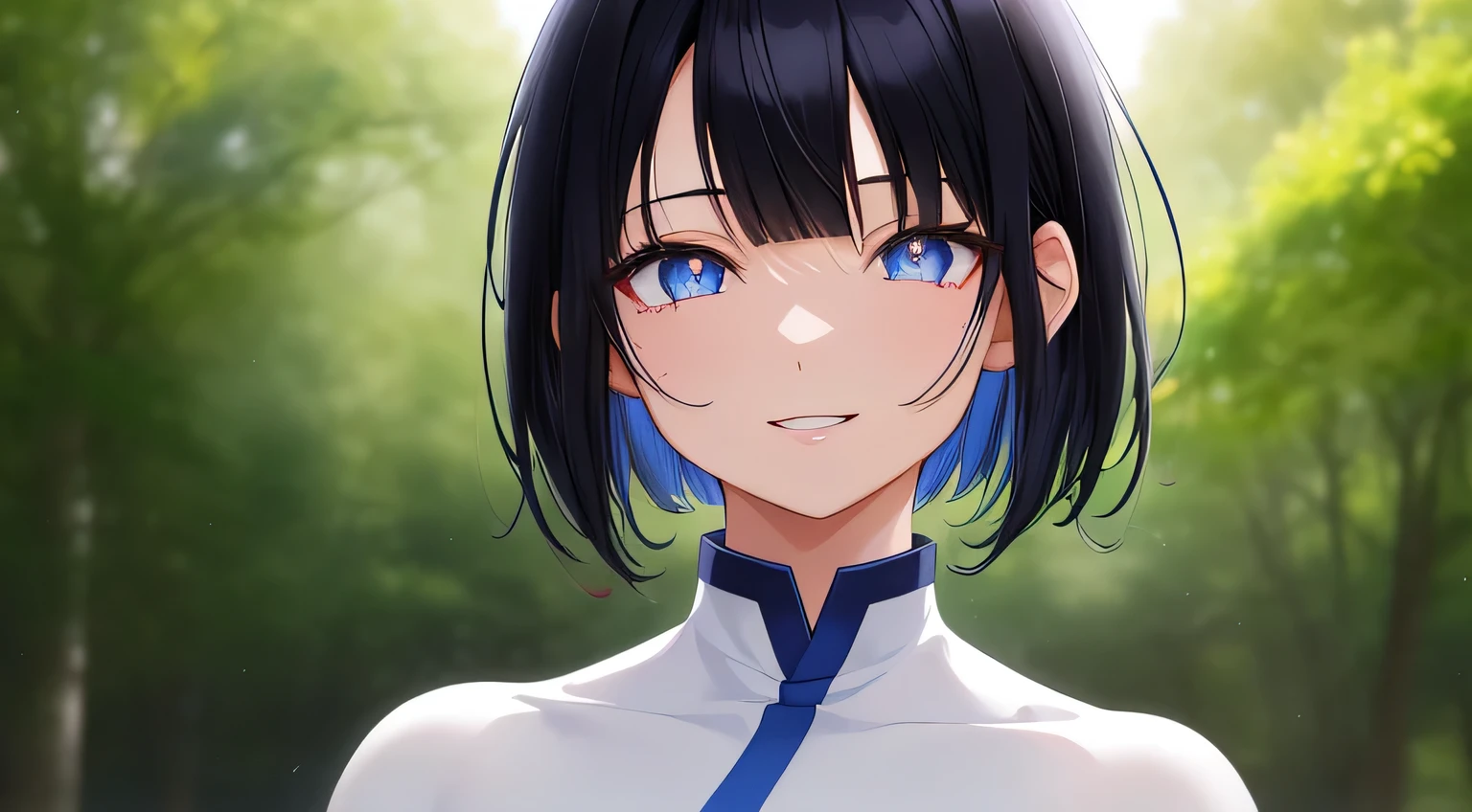 nagase nano, black hair, short to medium hair, with bangs, open forehead, sided hair, blue eyes, small breast, white clothes, outdoor, smilinasterpiece:1.2), best quality, high resolution, unity 8k wallpaper, (illustration:0.8), (beautiful detailed eyes:1.6), extremely detailed face, perfect lighting, extremely detailed CG, (perfect hands, perfect anatomy)