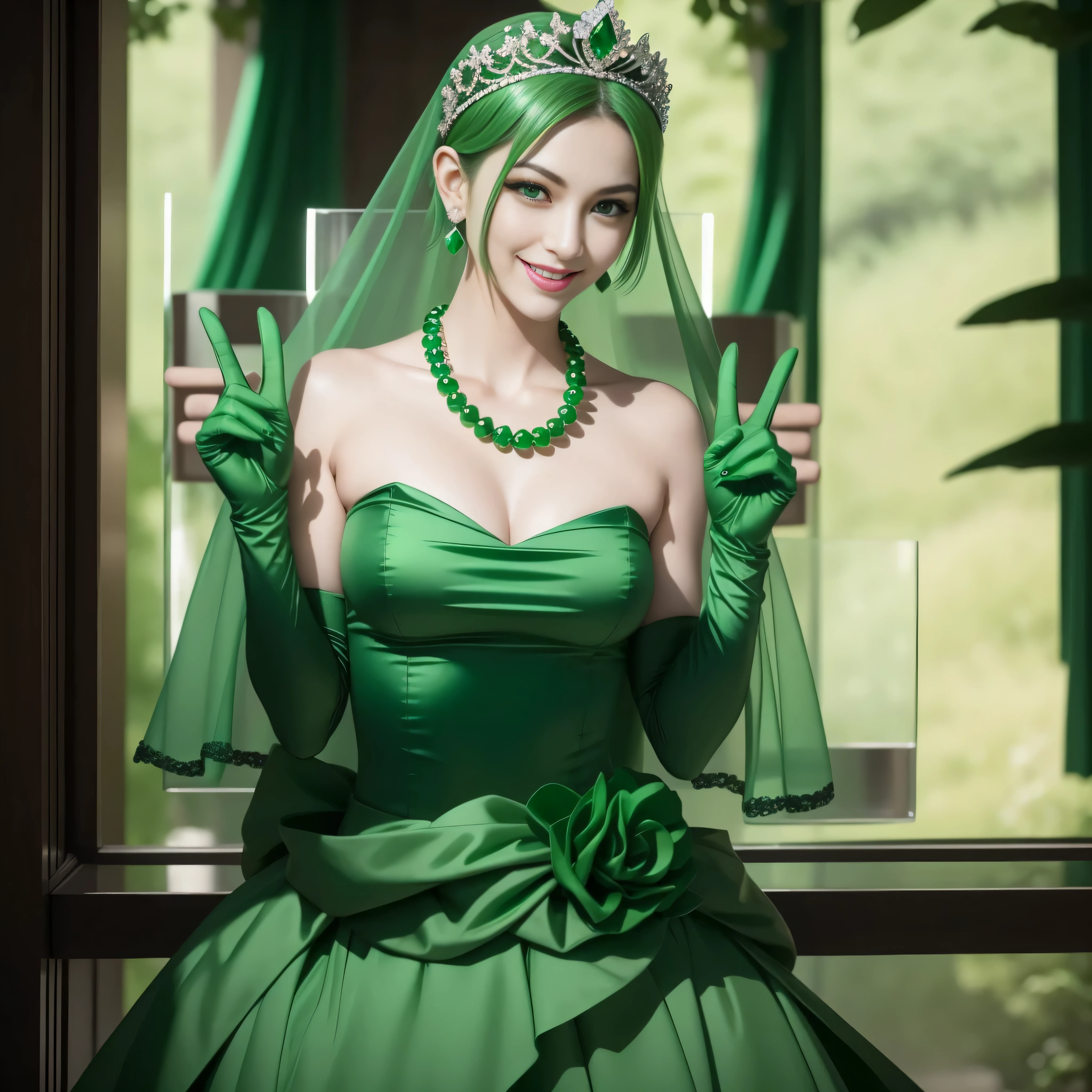 emerald tiara, Green Pearl Necklace, Boyish very short green hair, lipsticks, Japan woman smiling, very short short hair, big breasts beautiful, Green eyes, Long green gloves made of satin material, Green eyes, Emerald Earrings, green vale, v sign