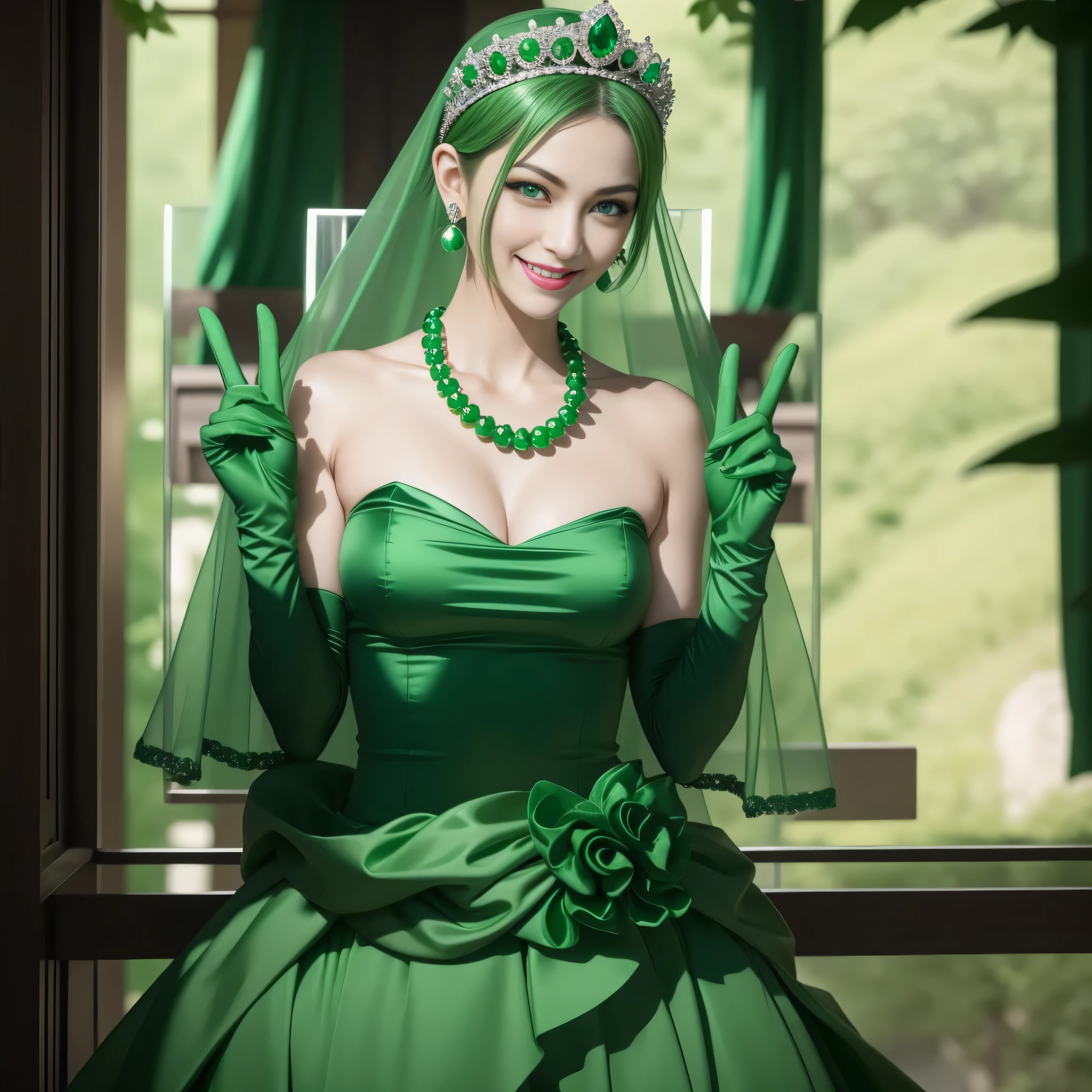 emerald tiara, Green Pearl Necklace, Boyish very short green hair, lipsticks, Japan woman smiling, very short short hair, big breasts beautiful, Green eyes, Long green gloves made of satin material, Green eyes, Emerald Earrings, green vale, v sign