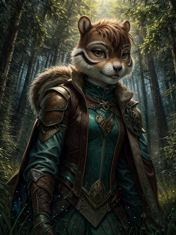 (masterpiece, best quality:1.3), androgynous Chipmunk, face focus, thin body, green adventurer clothes, magical clothes, fully clothed, heroic pose, in a forest made of giant blades of grass