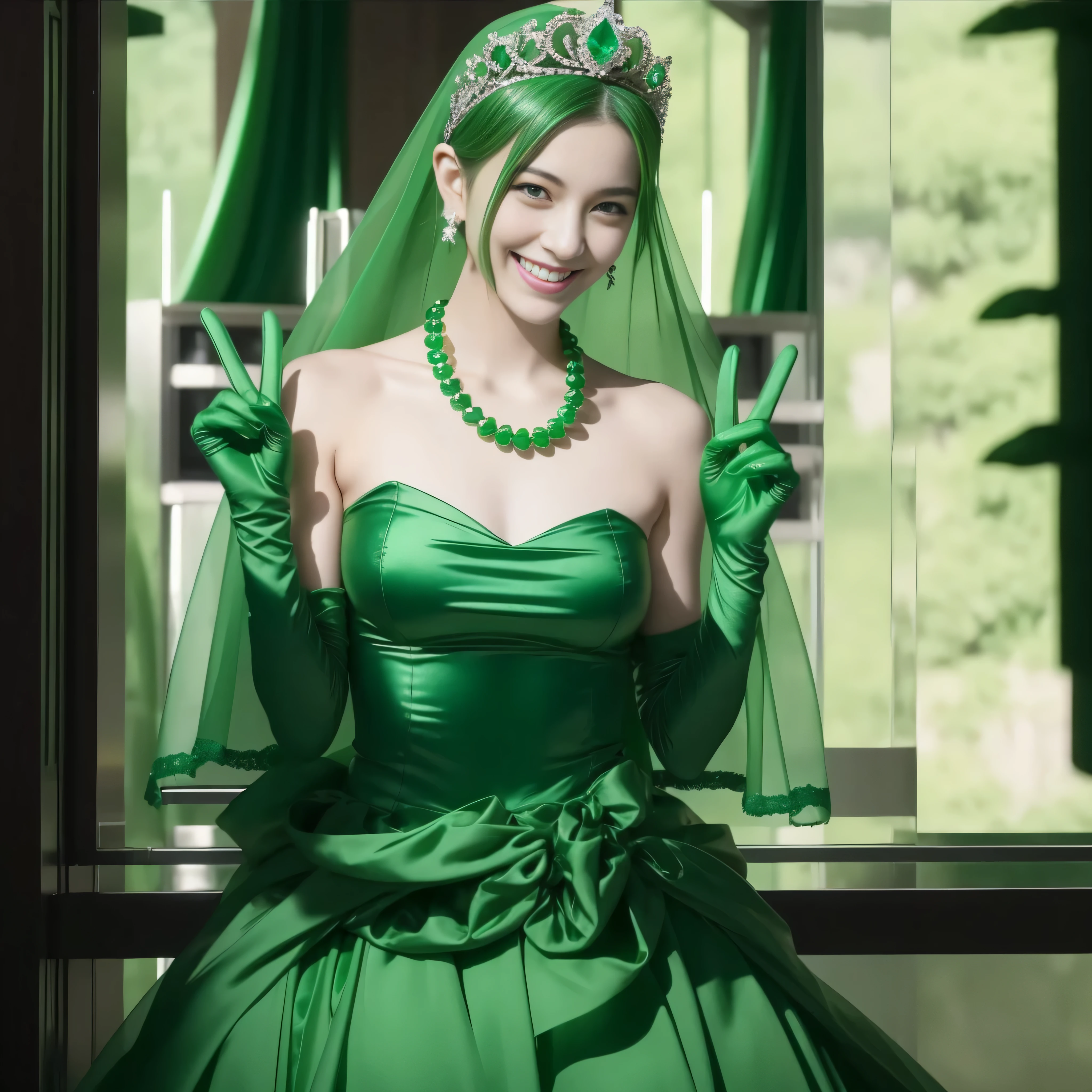 emerald tiara, Green Pearl Necklace, Boyish very short green hair, lipsticks, Japan woman smiling, very short short hair, big breasts beautiful, Green eyes, Long green gloves made of satin material, Green eyes, Emerald Earrings, green vale, v sign