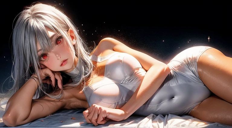 High resolution 8K, Bright light illumination, lens flare, sharpness, masterpiece, top-quality, The ultra - high-definition, high resolution, extremely details CG, Anime style, Film Portrait Photography, 1woman, sexy, Sexy woman, solo, sparkling, Open arms, (tan skin:1.8), (tanlines:1.2), ((Spread legs:1)), (covered nipples:1.2), ANGRY, Beautiful Women, full body, (((Red eyes, Straight hair, Silver hair, Medium hair))), Plunge leotard, cleavage, navel, Woman in the Water, (Natural skin texture Vibrant details, hyper realistic)