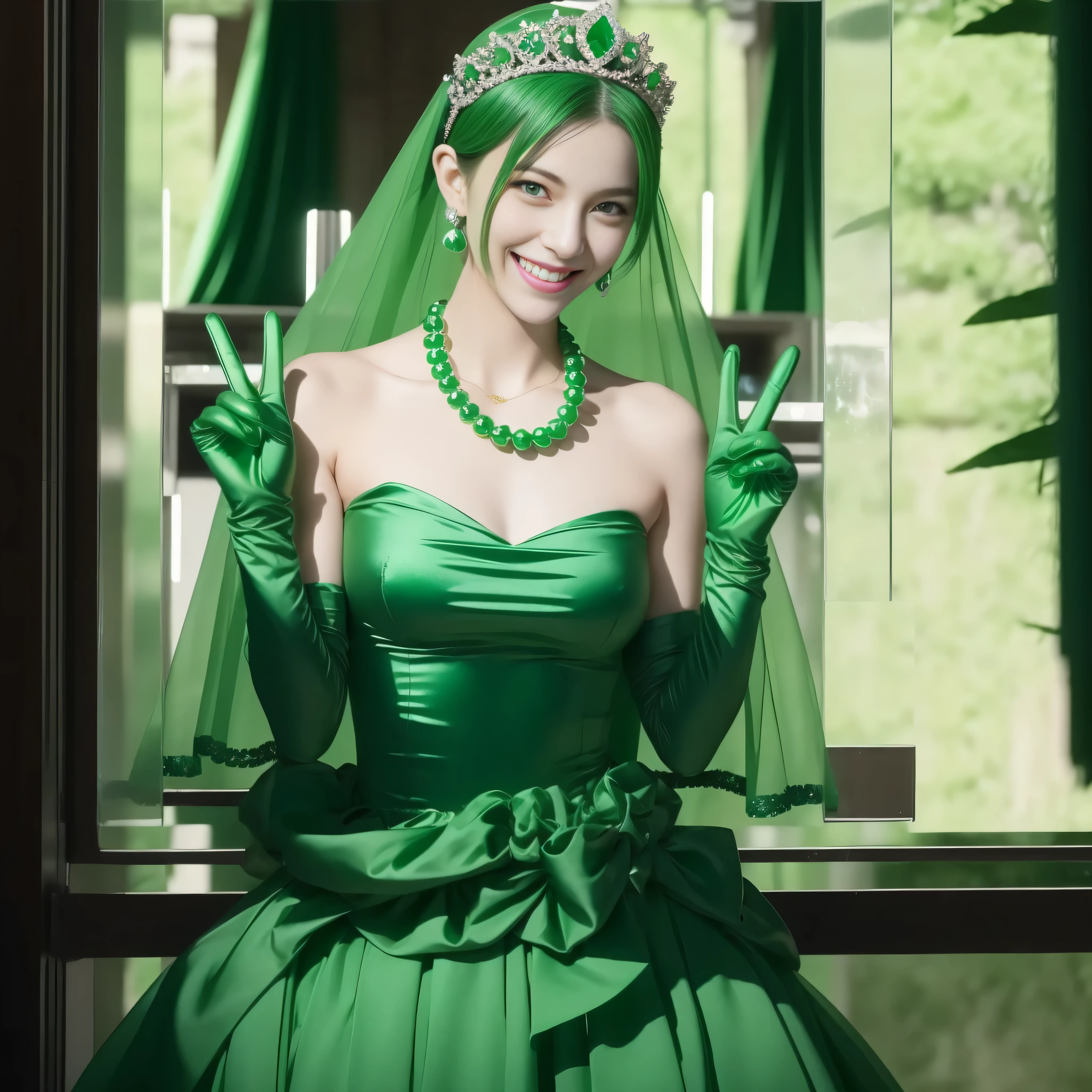 emerald tiara, Green Pearl Necklace, Boyish very short green hair, lipsticks, Japan woman smiling, very short short hair, big breasts beautiful, Green eyes, Long green gloves made of satin material, Green eyes, Emerald Earrings, green vale, v sign