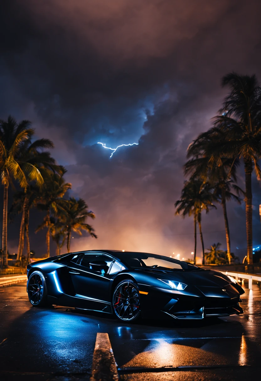 Black and res Lamborghini aventador parked at night, WELL illuminated by blue neon lights, in a stormy night with powerful lightning in the sky.