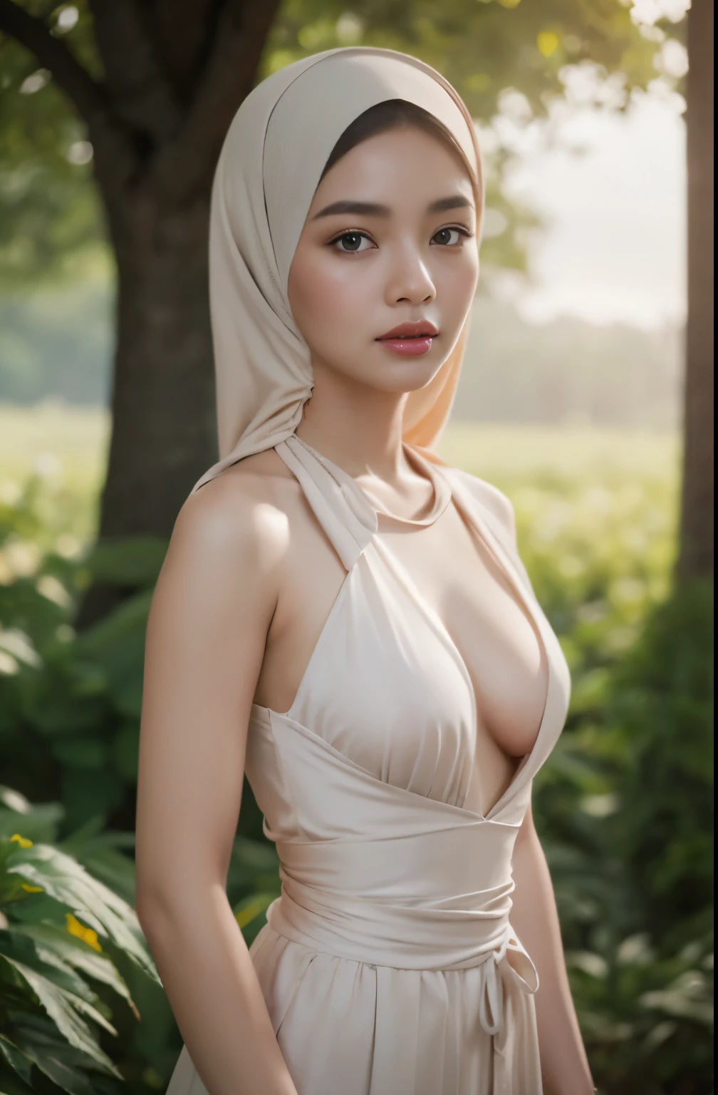 (Solo), realistic, Beautiful girl in hijab, mature girl, 35 years old, wearing saree, close short, mature girl,bra, big breasts, big butts