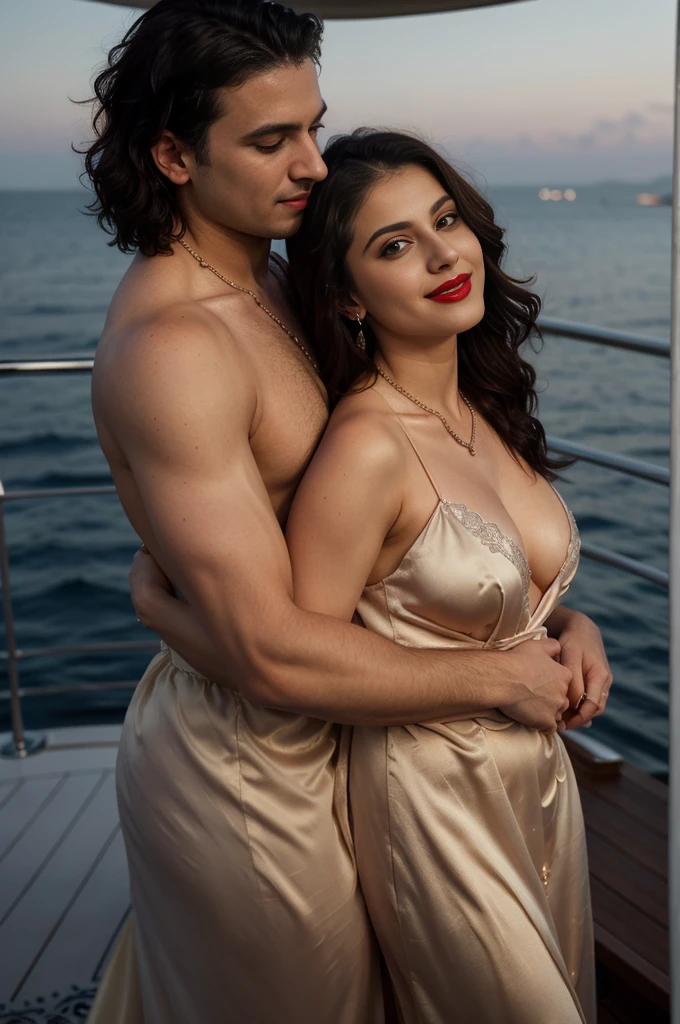 night scene from side view, sea view, extreme close up photo of young muscular man grabbing vedhika from behind who is wearing a satin full length lace border bridal nighty with a satin robe, hugging a man, big cheeks, woman is wearing satin nighty man is shirtless, hourglass figure, deep cleavage, romancing each other in a ship deck in sea, showing armpits, red lips, necklace, sultry, look at viewer and smile, (cinematic:1.3), intricate details, (ArtStation:1.2)
