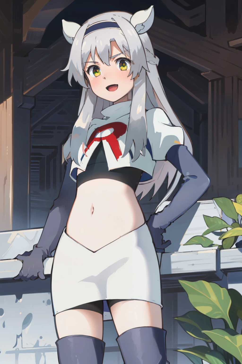 best quality, (masterpiece:1.2), detailed, medieval,
Sistine Fibel,
1girl, solo, open mouth, light smile, blush,
long hair, grey hair, green eyes, blue hairband, animal ears,
team rocket,team rocket uniform,white skirt,crop top,red letter R,black thigh-high boots,black elbow gloves,