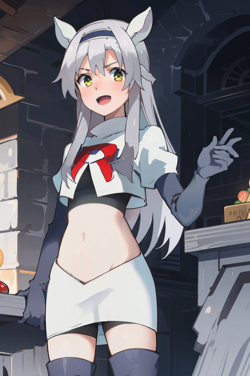 best quality, (masterpiece:1.2), detailed, medieval,
Sistine Fibel,
1girl, solo, open mouth, light smile, blush,
long hair, grey hair, green eyes, blue hairband, animal ears,
team rocket,team rocket uniform,white skirt,crop top,red letter R,black thigh-high boots,black elbow gloves,